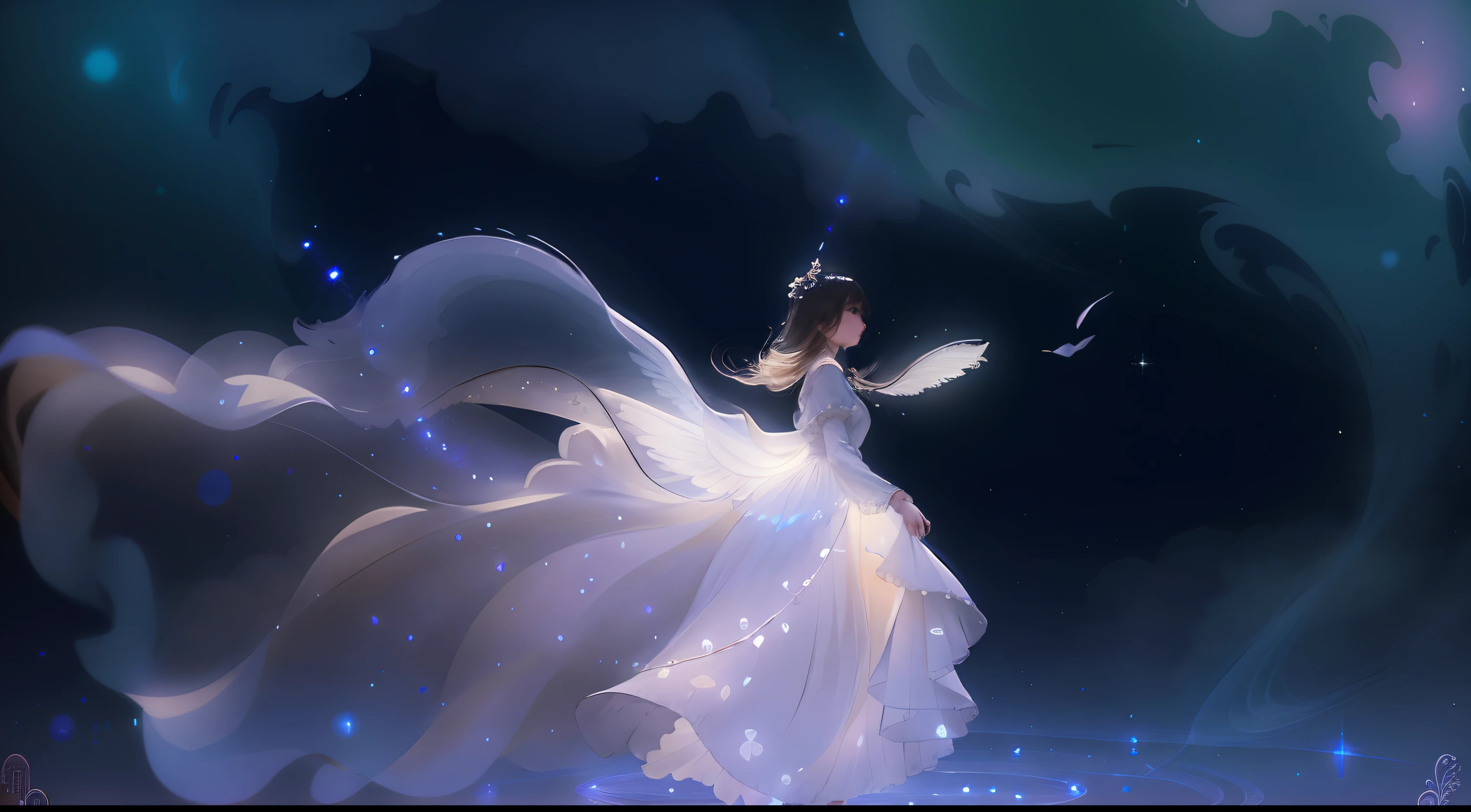 There is a woman in a white feather dress dancing at night, blurry and dreamy illustration,White feathers flutter in the sky,Low-saturation colors, dreamlike illustration, magical fairy floating in space, calm evening. Digital illustration, A beautiful artwork illustration, blurry and dreamy illustration, Exquisite digital illustration, whirling, illustration!, digital art of an elegant, dancing gracefully, she is floating in the air,Empty background,Slight bokeh