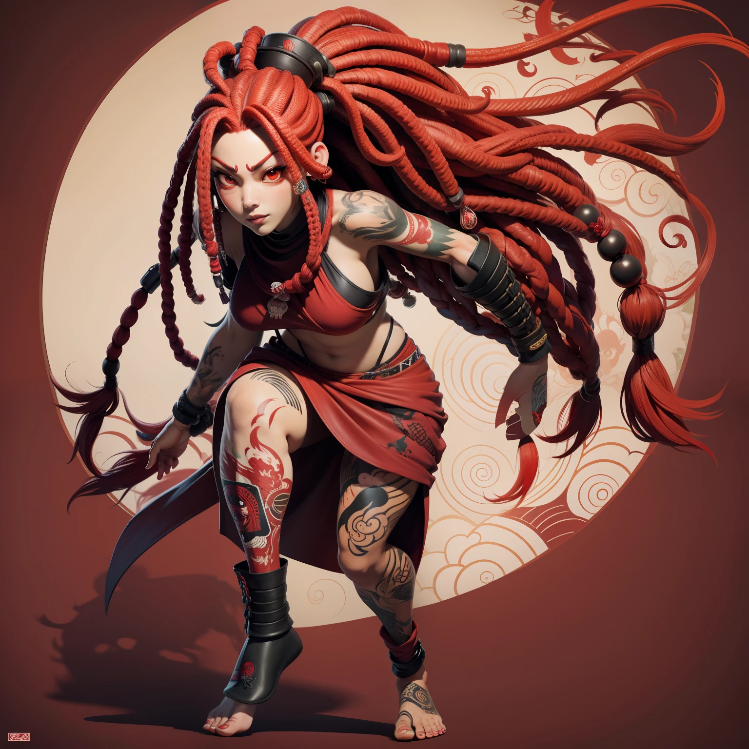 Tattoos, Red, ukiyoe painting, Red Eyes, dreadlocks, full body shot