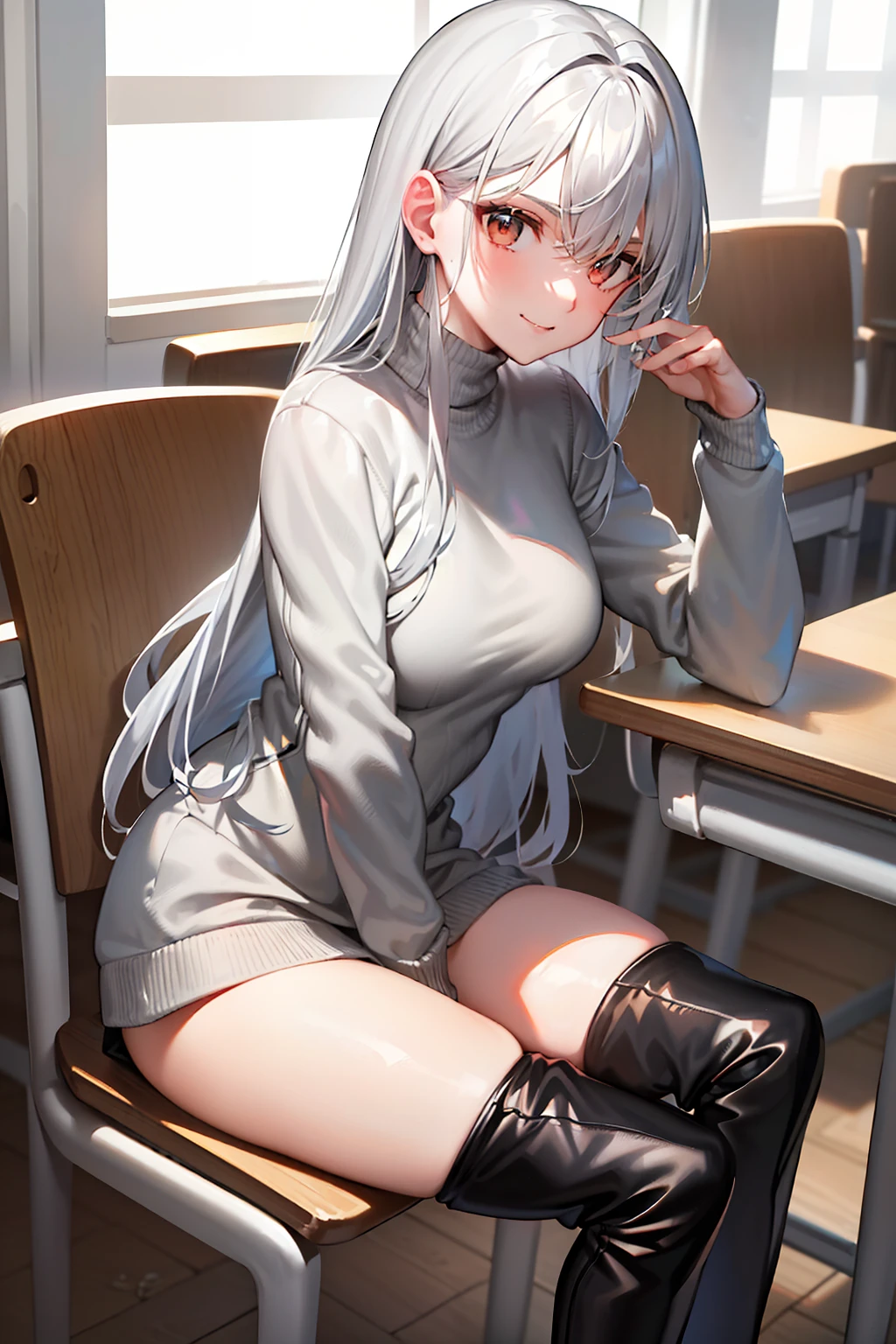 (tmasterpiece，best qualtiy，light grey sweater，The audience gazes，thigh boots，whaite hair，lie，full bodyesbian，ssmile，Sit in a chair，Absolute realm，‎Classroom，raise leg。)