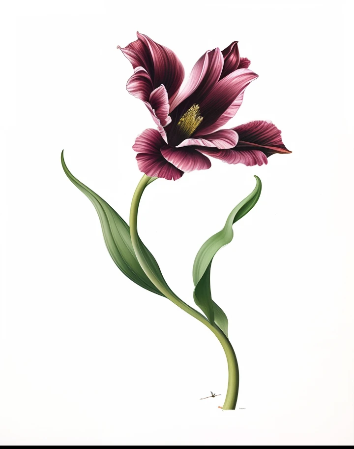 uma pintura de uma flor de Tulipaa roxa com folhas verdes, Directed by: Dirck van Delen, Directed by: Christoffel van den Berghe, botanical art, Tulipa, Directed by: Anne Dunn, Directed by: Joan Ayling, Directed by: Maria van Oosterwijk, Directed by: Maria Sibylla Merian, Directed by: Petrus Van der Velden, botanical art