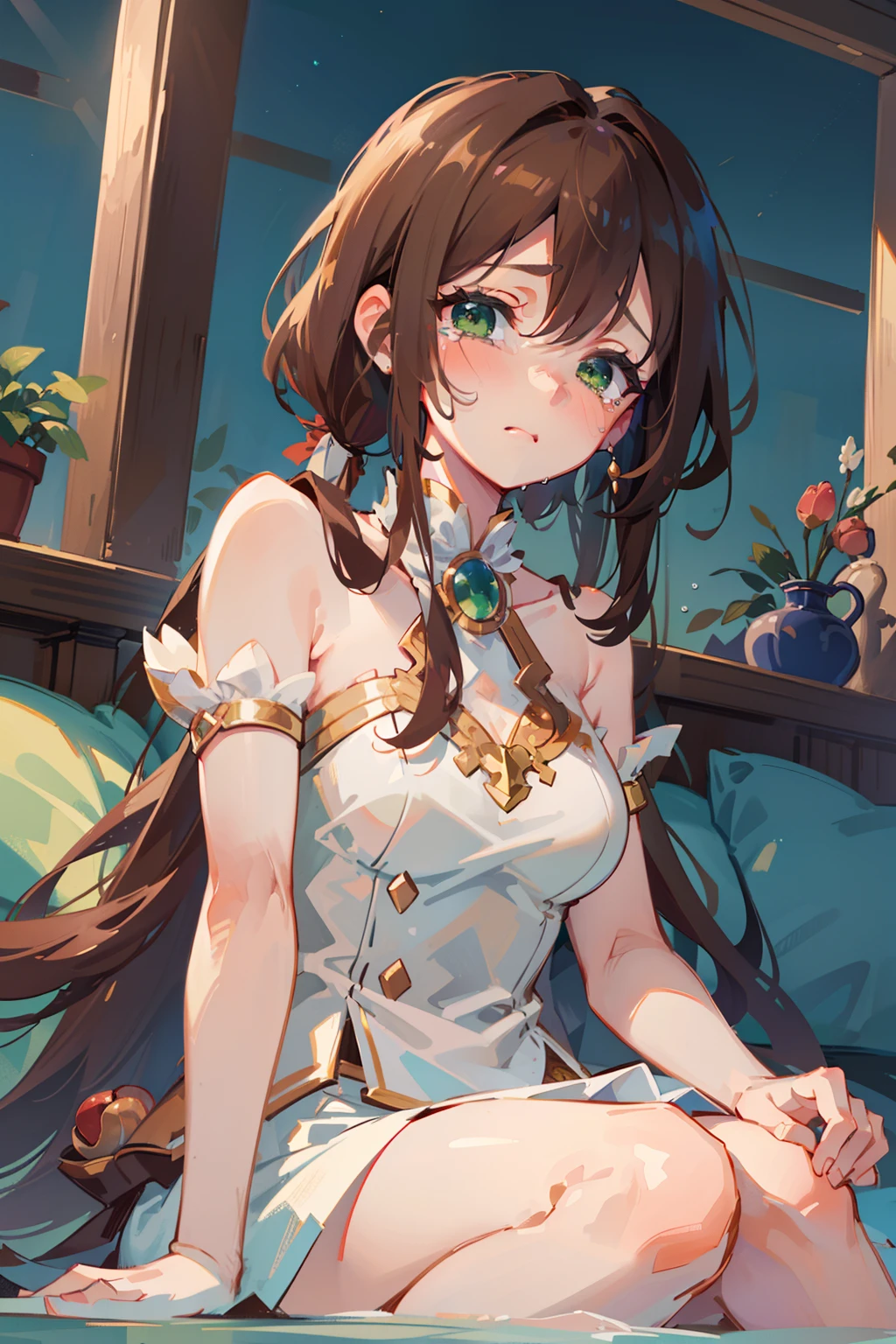 (masterpiece), best quality, beautiful detailed hair detailed face, ultra high res, sharp focus, ((1 woman, solo)), perfect feminine face, upper body, low angle shot, ((beautiful almond shape eyes, green eyes)), sitting on the bed, in midnight, crying, sad face, chesnut brown hair, floating long hair