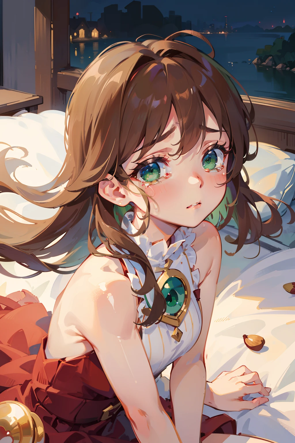 (masterpiece), best quality, beautiful detailed hair detailed face, ultra high res, sharp focus, ((1 woman, solo)), perfect feminine face, upper body, low angle shot, ((beautiful almond shape eyes, green eyes)), sitting on the bed, in midnight, crying, sad face, chesnut brown hair, floating long hair