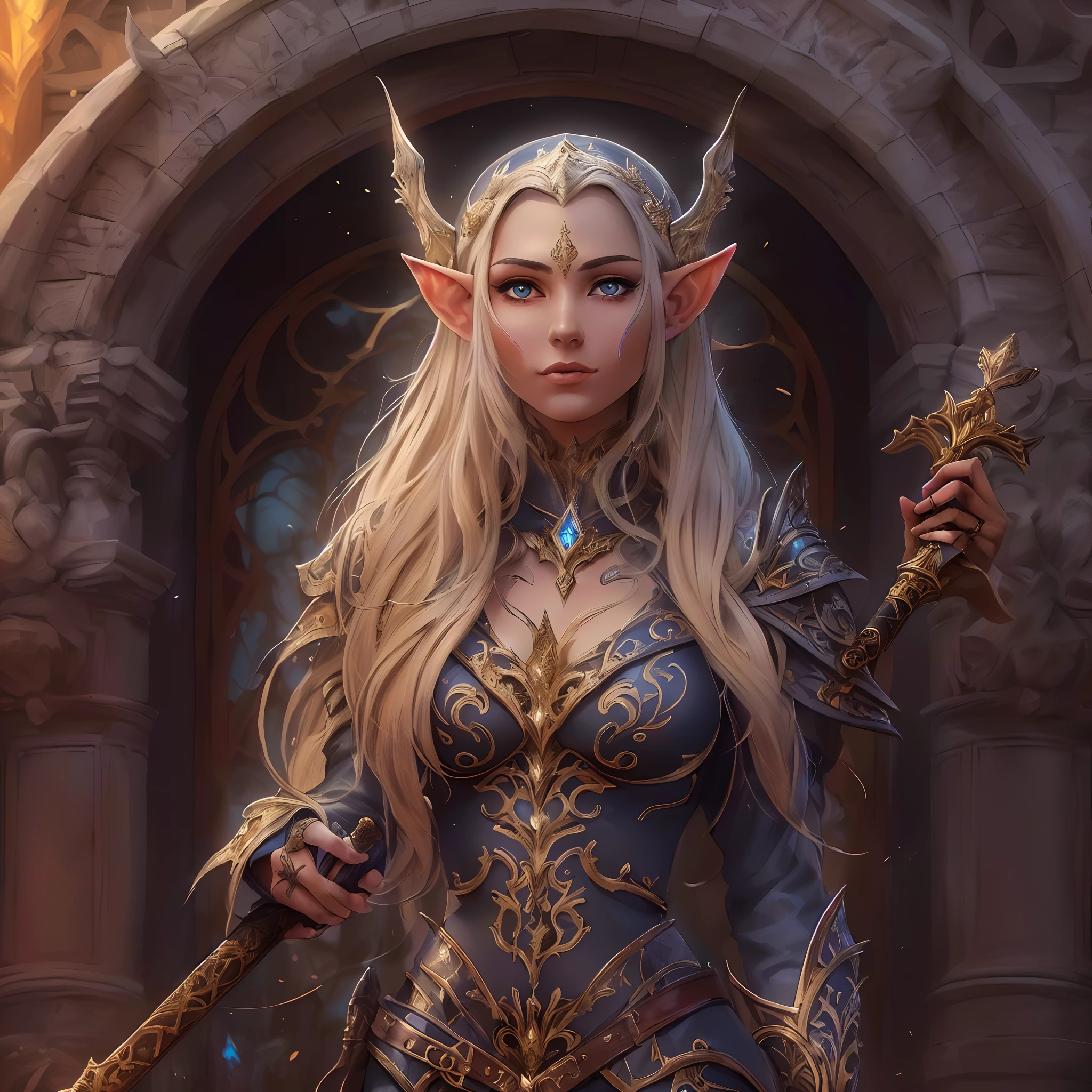 high details, best quality, 8k, [ultra detailed], masterpiece, best quality, (extremely detailed), dynamic angle, ultra wide shot, photorealistic, fantasy art, dnd art, rpg art, realistic art, a wide angle picture of an epic female elf, full body, [[anatomically correct]] full body (intricate details, Masterpiece, best quality: 1.6) casting a spell (intricate details, Masterpiece, best quality: 1.5), casting an epic spell, [colorful magical sigils in the air],[ colorful arcane markings floating] (intricate details, Masterpiece, best quality: 1.6) holding an [epic magical sword] (intricate details, Masterpiece, best quality: 1.6) holding epic [magical sword glowing in red light] (intricate details, Masterpiece, best quality: 1.6). in fantasy urban street ( (intricate details, Masterpiece, best quality: 1.6), a female, beautiful epic female elf, wearing elven leather armor (intricate details, Masterpiece, best quality: 1.3), high heeled leather boots, ultra detailed face (intricate details, Masterpiece, best quality: 1.6), small pointed ears, thick hair, long hair, dynamic hair, fair skin intense eyes, fantasy city background (intricate details, Masterpiece, best quality: 1.6), sun light, backlight, depth of field (intricate details, Masterpiece, best quality: 1.3), high details, best quality, highres, ultra wide angle