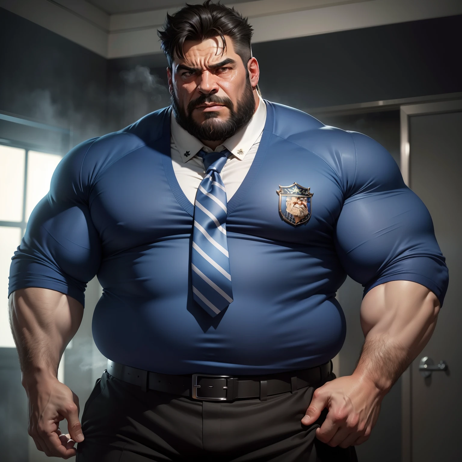 Uncle Banner the Hulk in the Avengers,Male uncle,A little bearded,Strong body,big breasts slightly fat,Short black hair,Upper body dark blue police uniform,Wear a blue striped tie,The lower half of the body wears black trousers,There is chest hair,Sit in the steam room,Spread your legs,Sweaty face,Covered in sweat,The expression is shy