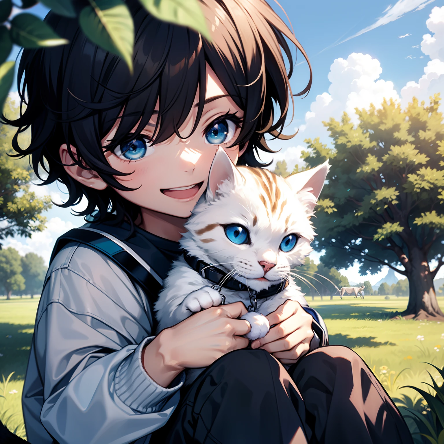 with blue sky and white clouds，Laughing boy holding a cat under a tree，Close-up