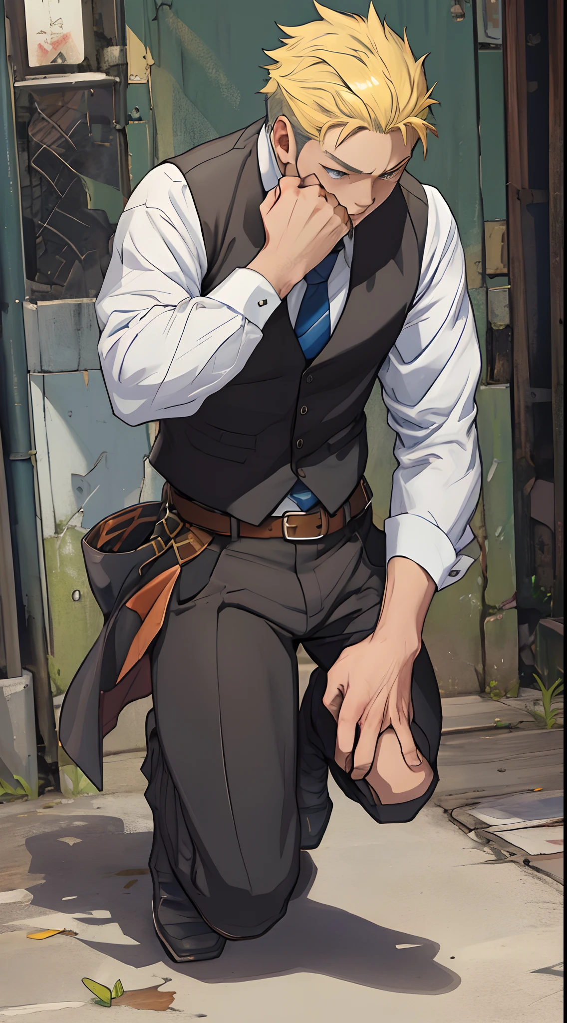 (1 Adult male),A high resolution, Sharp focus, Pixiv masterpiece, ((Complicated details)), highly detailed, natsuki_subaru, 1 man,Defeat, crestfallen,full bodyesbian,kneels on the ground, (A gesture of pleading),blue color eyes(eyes glowing), Short yellow hair,white shirt,Wear a tie,Wear a belt,perspire,look from down