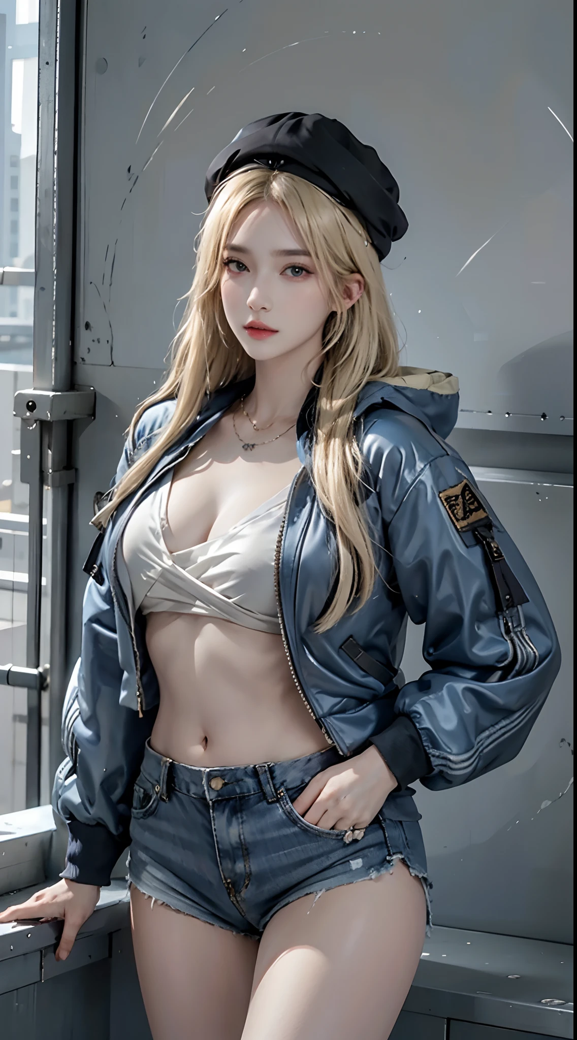 photorealistic, high resolution, 1women, solo, hips up, look at viewer, (detailed face), blonde hair, hat, blue jacket,eyewear on head, tattoo, jewelry