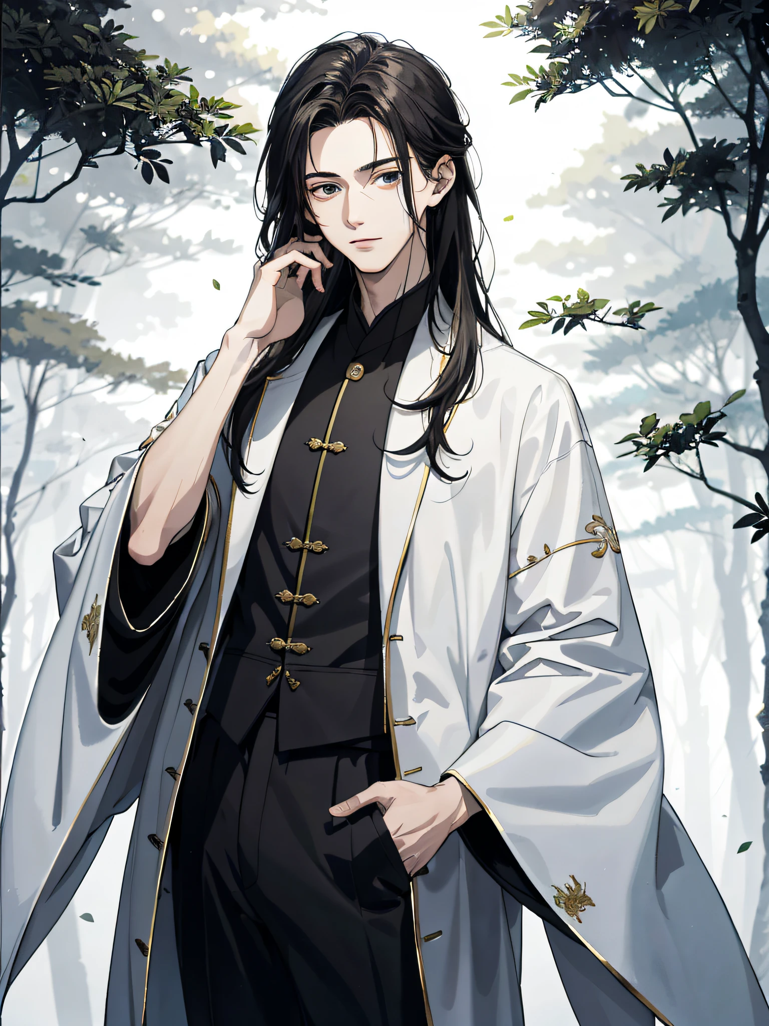 Absurd, High definition, Super detailed, Texture details, clear presentation, HD details, detail performance, Fine details, Clear face, Fix accurately, （（cabelos preto e longos））、long whitr hair、18-year-old man, Handsome, Tall,Soft smile、Slightly muscular,（Clear eyeballs）, (1 person: 1.3), handpainted, Simple lines, （An 18-year-old man wearing a white Chinese suit）, foggy forest、The upper part of the body