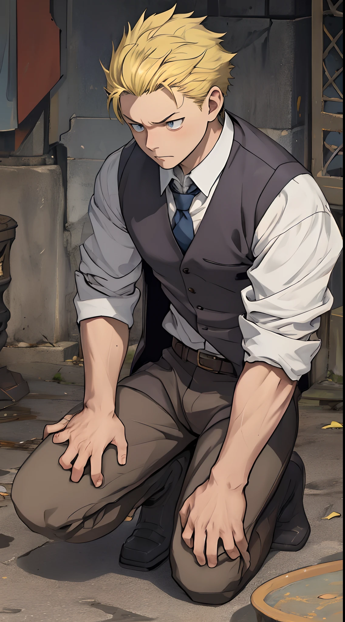 （1 Adult male），A high resolution， Sharp focus， Pixiv masterpiece， （（Complicated details））， highly  detailed， natsuki_subaru， 1 man，Defeat， crestfallen，full bodyesbian，kneels on the ground， （A gesture of pleading），blue color eyes（eyes glowing）， Short yellow hair，white  shirt，Wear a tie，Wear a belt，perspire，look from down