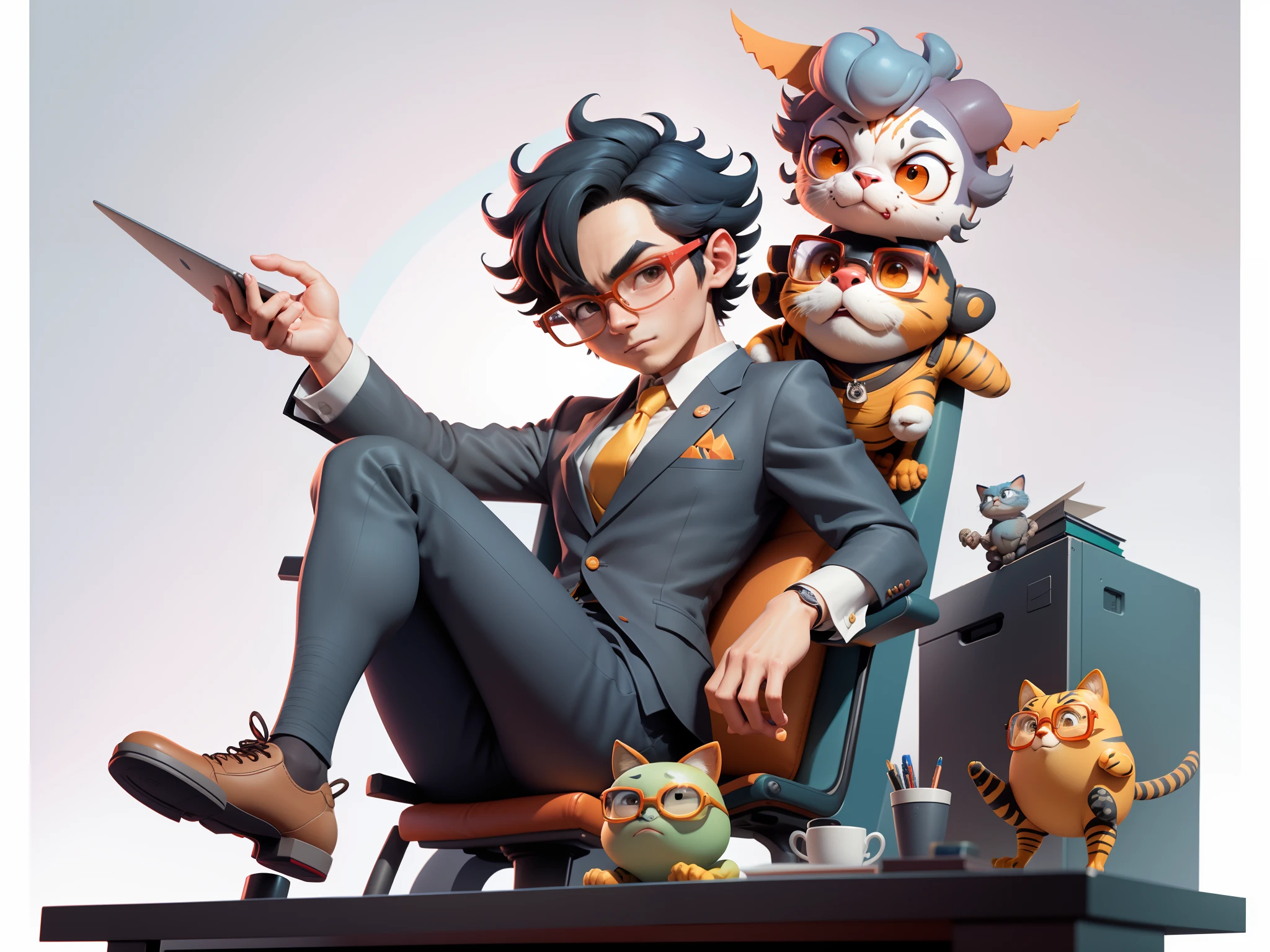 A young man in a suit, Short hair and glasses sat at his desk，holding laptop，digitial painting，tigre，3D character design by Mark Clairen and Pixar and Hayao Miyazaki and Akira Toriyama，4K HD illustration，Very detailed facial features and cartoon-style visuals。