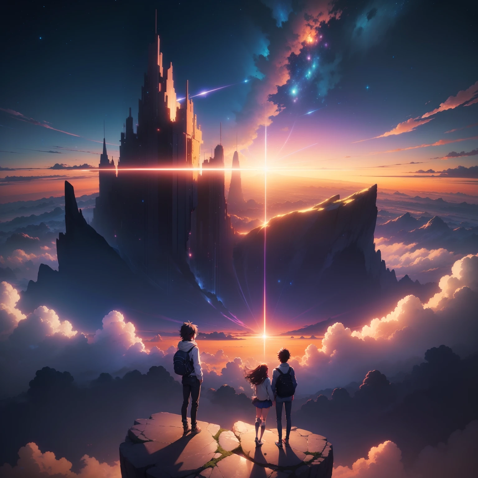 anime scenery of two people standing on a rock looking at the sky, cosmic skies. by makoto shinkai, makoto shinkai cyril rolando, beautiful anime scene, anime sky, anime art wallpaper 4 k, anime art wallpaper 4k, anime art wallpaper 8 k, anime beautiful peace scene, in style of makoto shinkai, 4k anime wallpaper