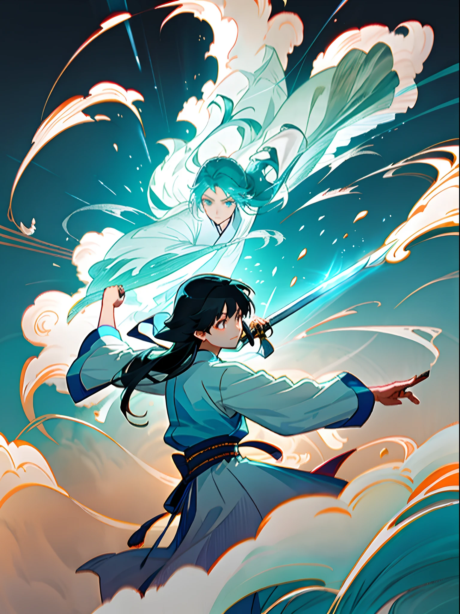 Chinese female swordsman, (Ancient Chinese Cold Weapons_The sword:1.4),Wearing a white Hanfu, Blue sea background, The female swordsman floated in the air with a long sword in her hand, The silver longsword stabbed forward, Swirling cyan glow. Infinite sword magic, Tyndall effect, Glow effect, Anime art style, romantic landscape, Meticulous brushstrokes, Realistic pop music, New School Beast, Knolling, 8K.