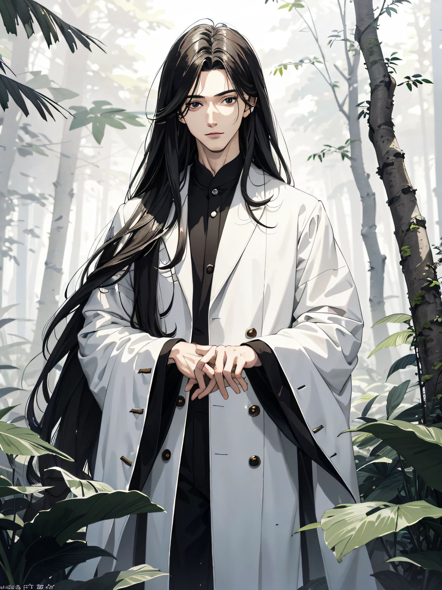 Absurd, High definition, Super detailed, Texture details, clear presentation, HD details, detail performance, Fine details, Clear face, Fix accurately, （（cabelos preto e longos））、long whitr hair、18-year-old man, Handsome, Tall,Soft smile、Slightly muscular,（Clear eyeballs）, (1 person: 1.3), handpainted, Simple lines, （An 18-year-old man wearing a white Chinese suit）, foggy forest、The upper part of the body