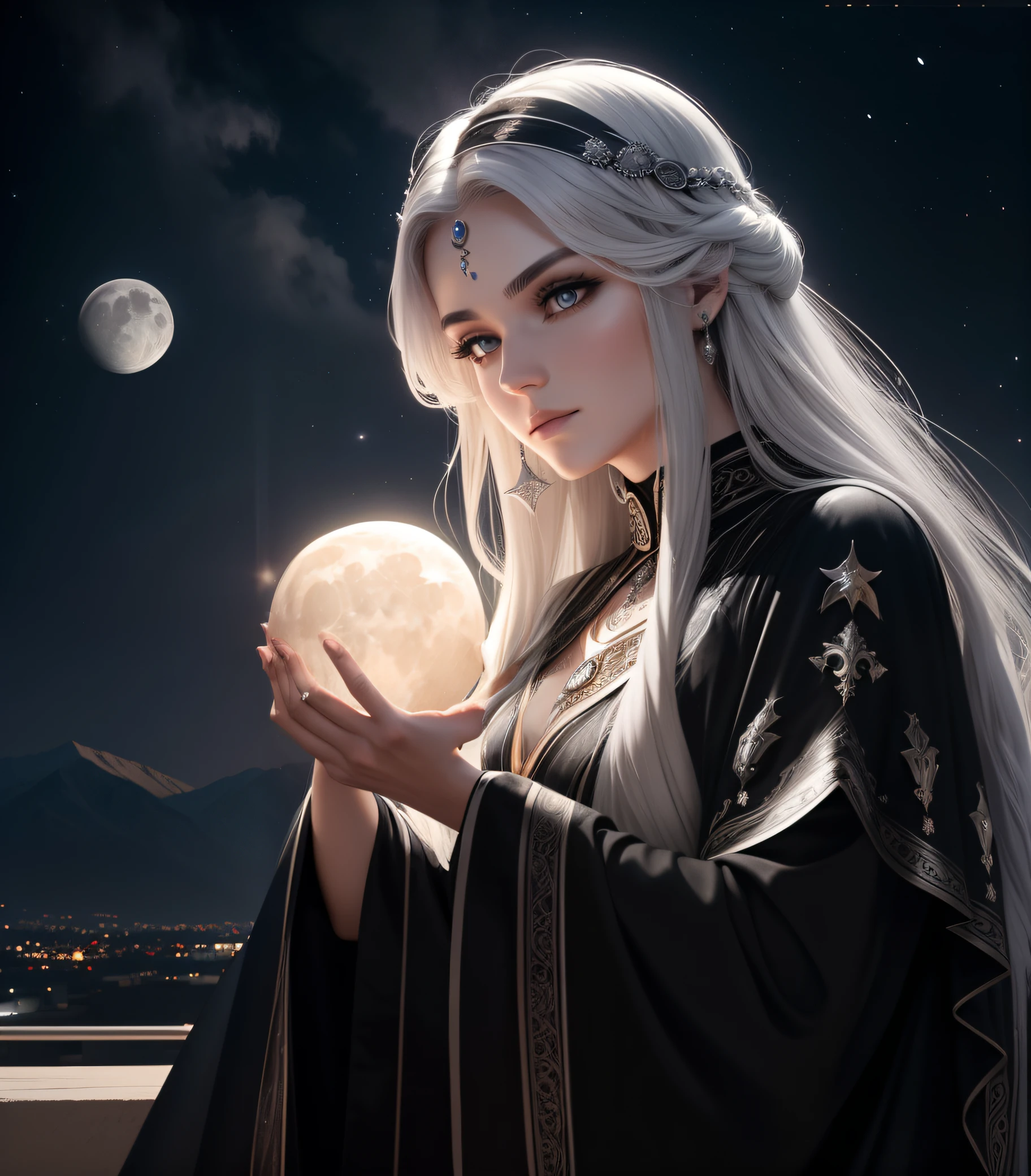 Goddess of the Night 23 years old, dressed in black and silver clothes, with flowing gray hair, holds the moon and stars in his hands, He has gray eyes and a faint smile