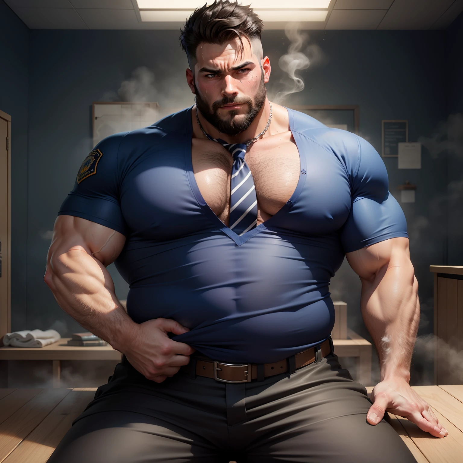 Police Uncle Banner，Male uncle，A little bearded，Strong body，big breasts slightly fat，Short black hair，Upper body dark blue police uniform，The neckline was ripped open，Exposes the pectorals and abs，Wear a blue striped tie，The lower half of the body wears black trousers，There is chest hair，Sit in the steam room，Spread your legs，Sweaty face，Covered in sweat，The expression is shy