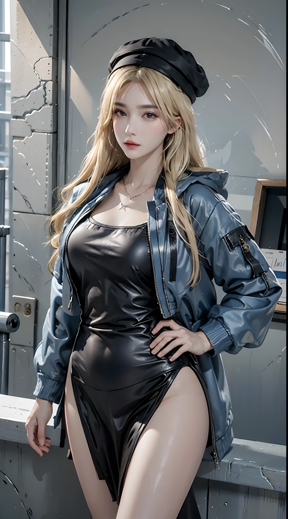 photorealistic, high resolution, 1women, solo, hips up, look at viewer, (detailed face), blonde hair, hat, blue jacket,eyewear on head, tattoo, jewelry