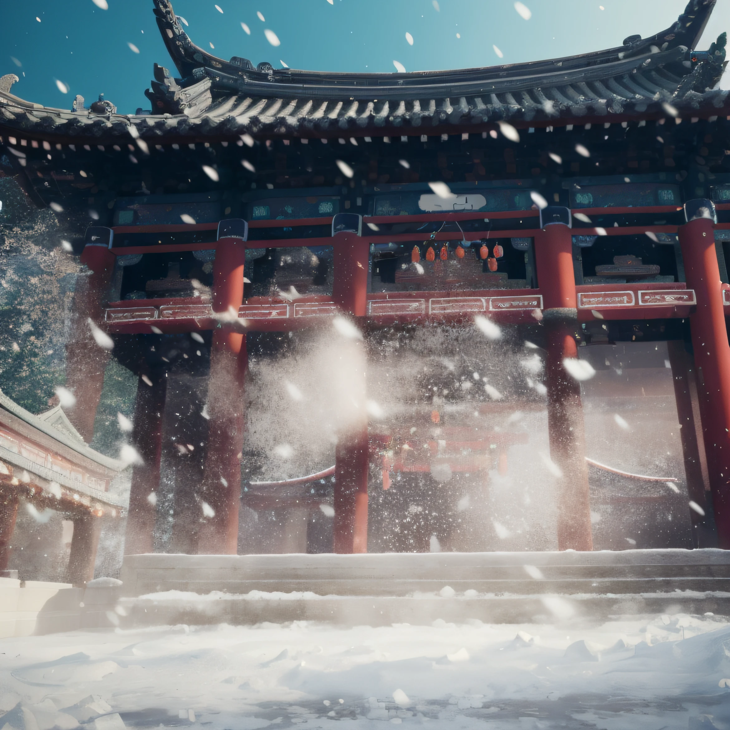 A snowstorm descends on buildings, cyberpunk chinese ancient castle, cyberpunk japanese temple, Ancient Chinese architecture, chinese temple, Chinese style, detailed cinematic rendering, Chinese architecture, Beautiful rendering of the Tang Dynasty, akihiko yoshida. illusory engine, japanese temples, fantasy style 8 k octane render, unreal engine 5 render dramatic, unreal engine 5 highly rendered