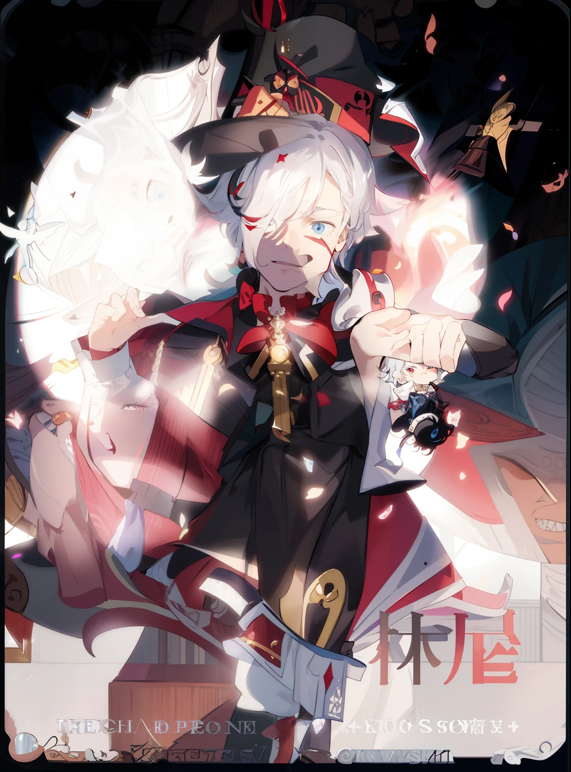 a close up of a person holding a card in their hand, machiavellian puppetmaster, Key anime art, magister,, Kawasi, key anime visuals, swindler, maniac, Genshin, he is wearing a top hat, Keqing from Genshin Impact, anime key visual of elegant