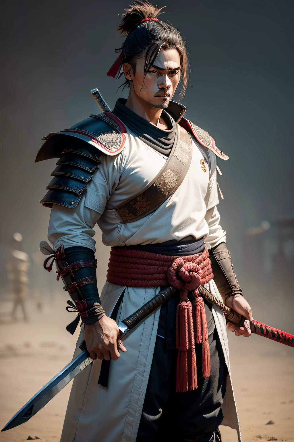 galinha, com roupa de samurai, usando espada