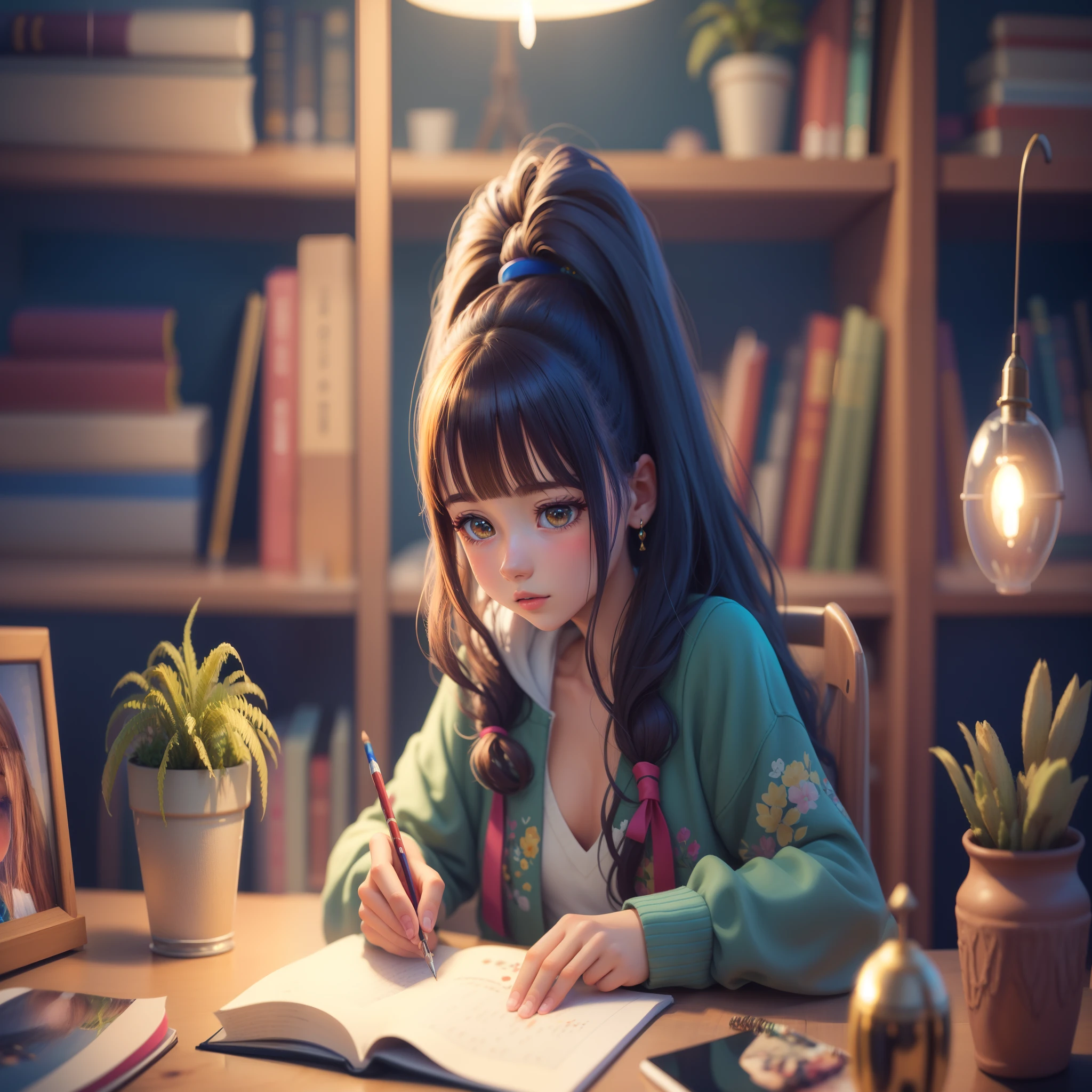 arafed sentada em uma mesa escrevendo em um livro, pintura realista da meninao, painting digital adorable, Estilo anime 3D realista, arte de anime realista, Digital anime illustration, estilo de arte realista, realistic anime art style, arte digital detalhada bonito, arte digital bonito, kawaii retrato realista, anime. soft lighting, estilo de arte realista, menina anime, Estudar