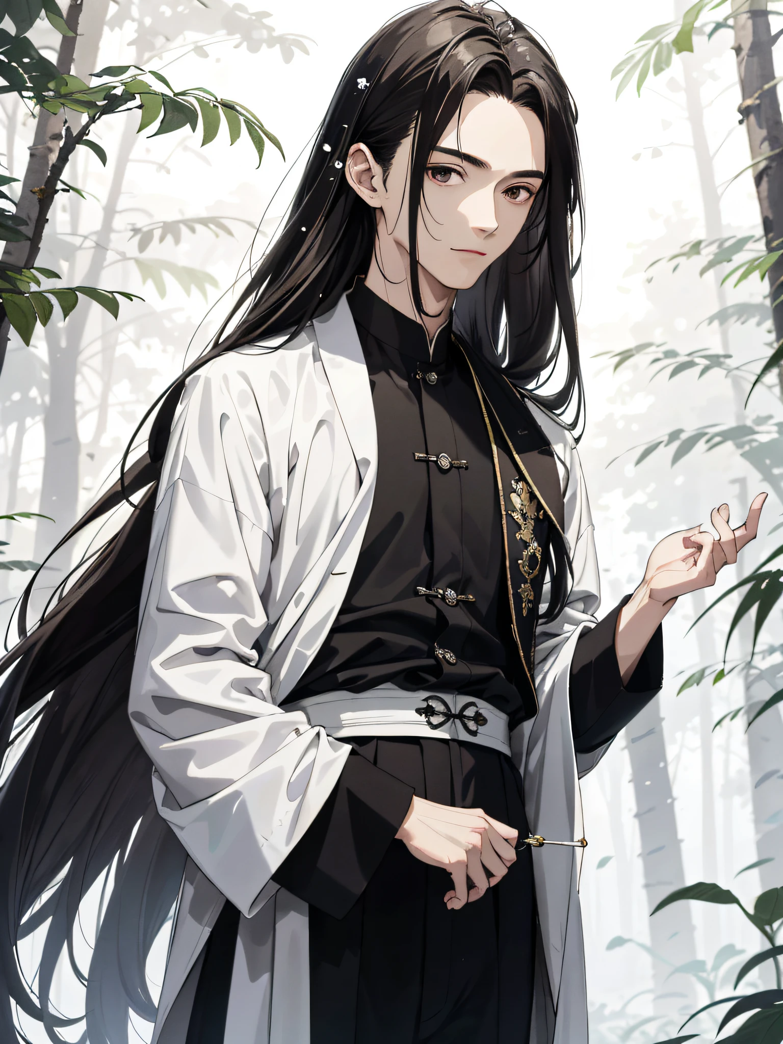 Absurd, High definition, Super detailed, Texture details, clear presentation, HD details, detail performance, Fine details, Clear face, Fix accurately, （（cabelos preto e longos））、long whitr hair、18-year-old man, Handsome, Tall,Soft smile、Slightly muscular,（Clear eyeballs）, (1 person: 1.3), handpainted, Simple lines, （An 18-year-old man wearing a white Chinese suit）, foggy forest、The upper part of the body