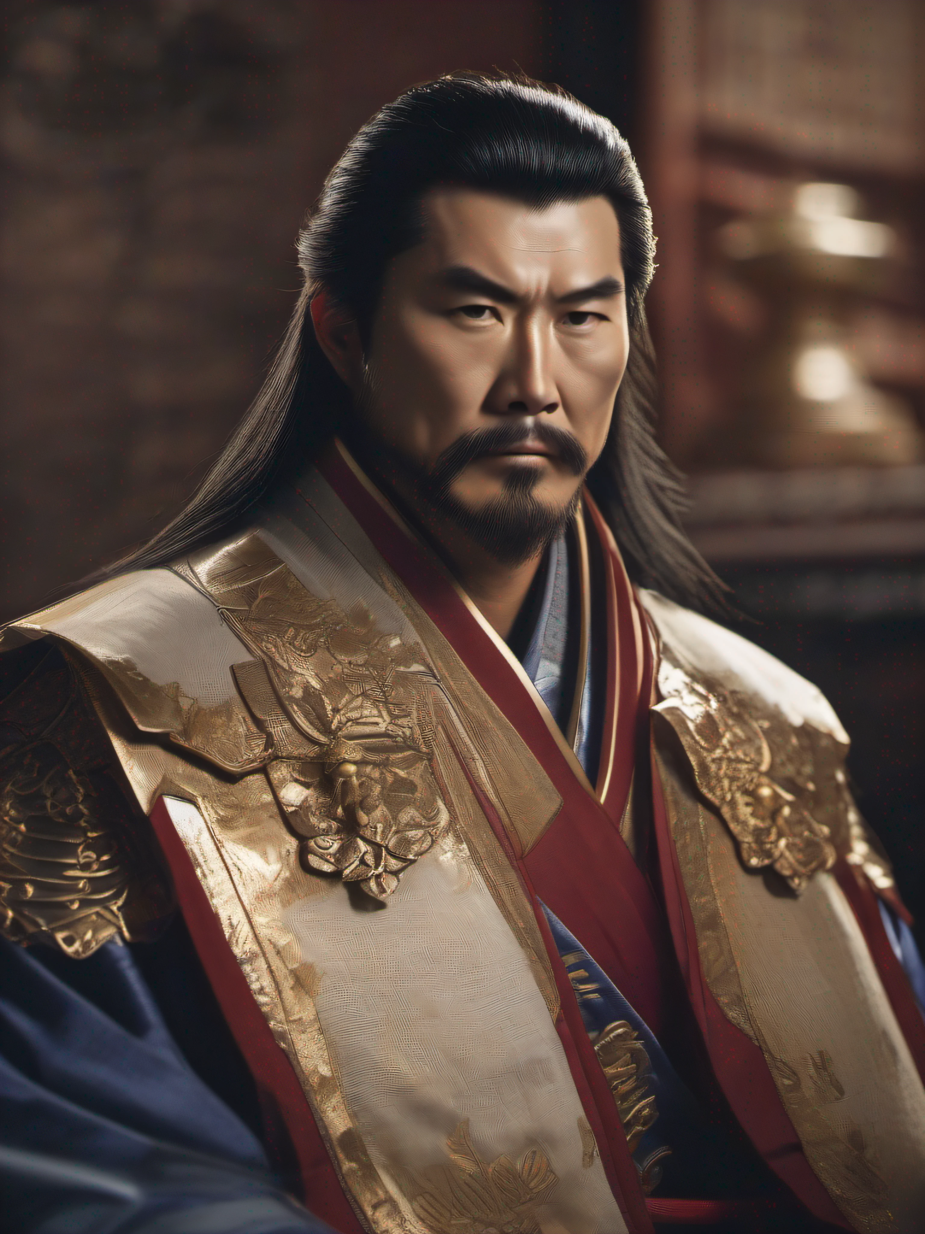 Cao Cao is in the study, his eyes are focused and deep, as if thinking about major decisions. His figure is more intelligent and cunning in the dim light. The picture is presented in a realistic photography style, with light shining from his side, making his figure more mysterious. The color is mainly dark tones, emphasizing his depth and wisdom. Use a high-resolution 16K camera, the lens focal length is 35mm, the aperture is f/2.8, ISO 200, the shutter speed is 1/60 second, and the post-processing style is raw.