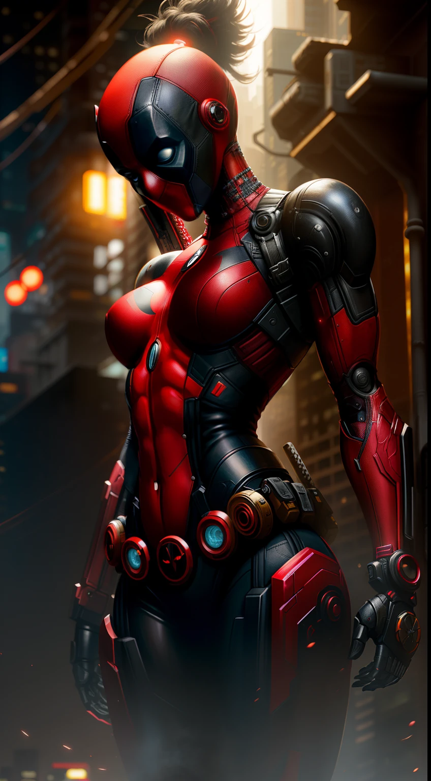 Deadpool girl from Marvel photography, biomechanics, complex robot, red, full growth, full body, big boobs, hyper-realistic, crazy little details, incredibly clean lines, cyberpunk aesthetic, masterpiece featured on Zbrush Central, cyberpunk city backdrop
