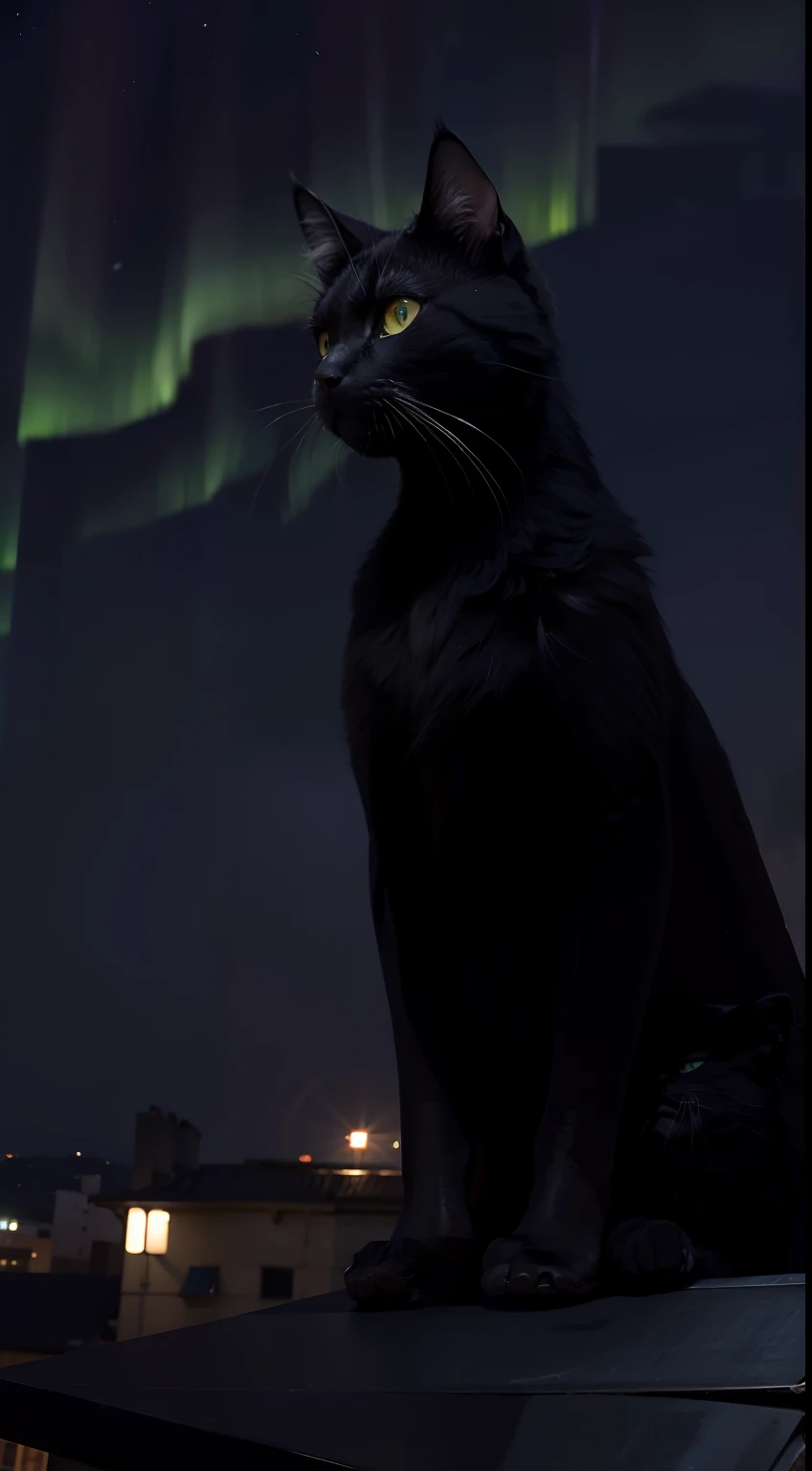 Masterpiece, a black cat,rooftop,night,Aurora sky