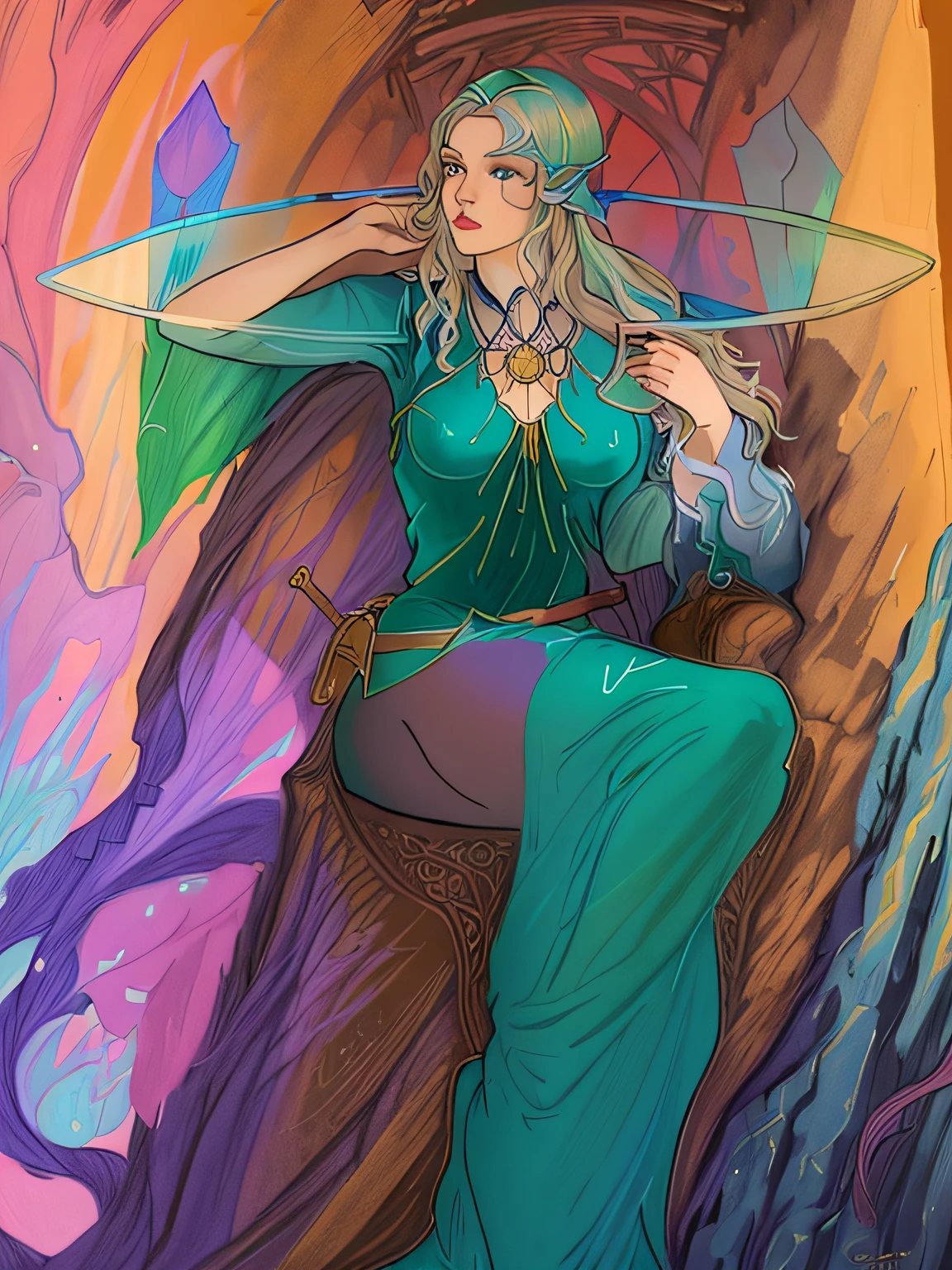 desenho de uma mulher em um vestido azul segurando um aro de ouro, inspirado em Philipp Veit, desenho colorido, inspirado em Evelyn De Morgan, desenho colorido, inspirado em Rebecca Guay, fantasia colorir, Fae Sacerdotisa, inspirado em Carlos Schwabe, desenho de fantasia, desenho colorido, inspirado por Jan Toorop, Inspirado em Kris de Deltarrune