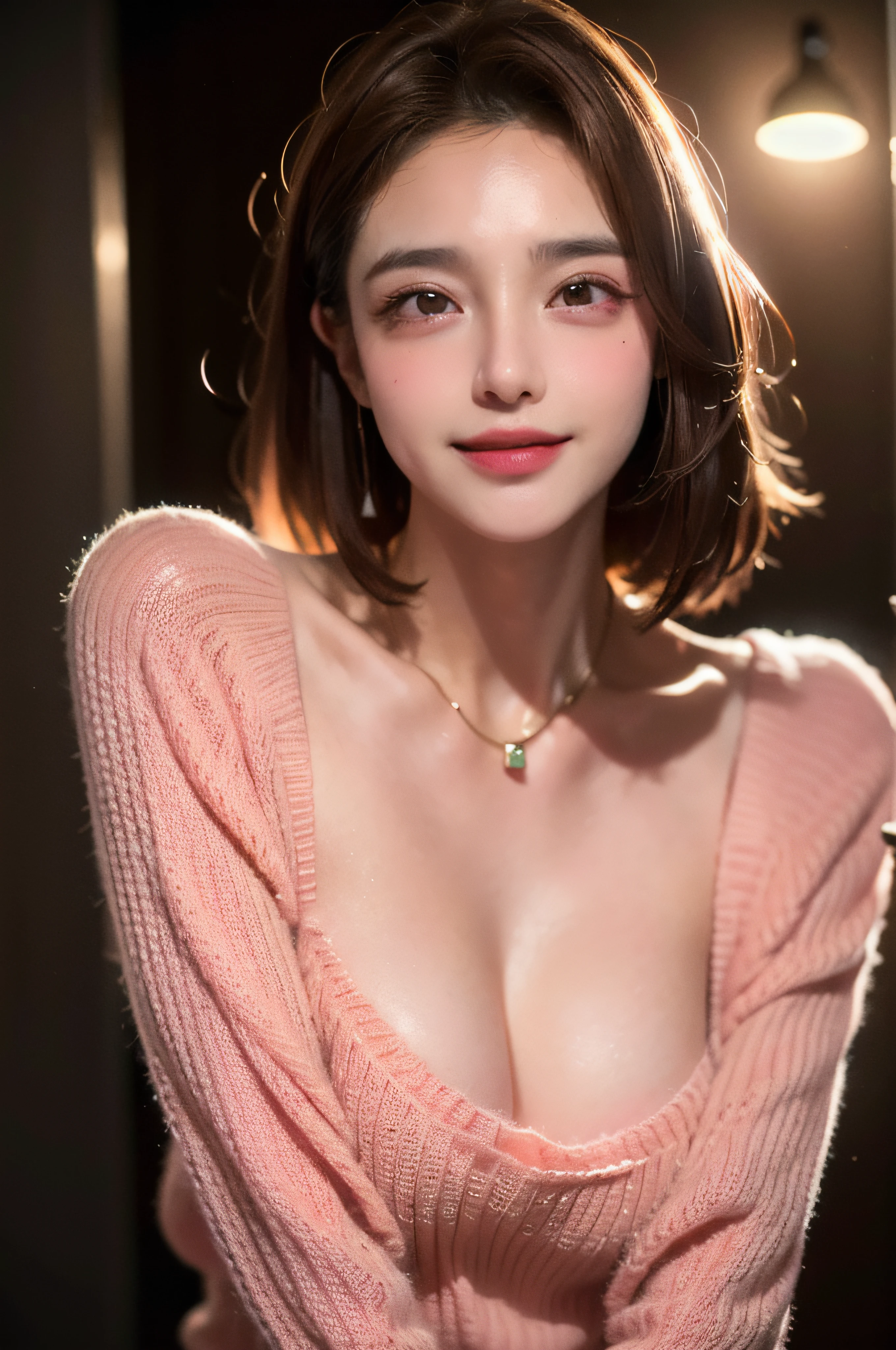 ((Night, Realistic Light, Best Quality, 8K, Masterpiece: 1.3)), 1girl, Slim Beauty: 1.4, Abs: 1.1, (Brown hair, Medium breasts: 1.3), Long pink sweater: 1.1, Bathroom, Super fine face, Delicate eyes, Double eyelids, smile, necklace