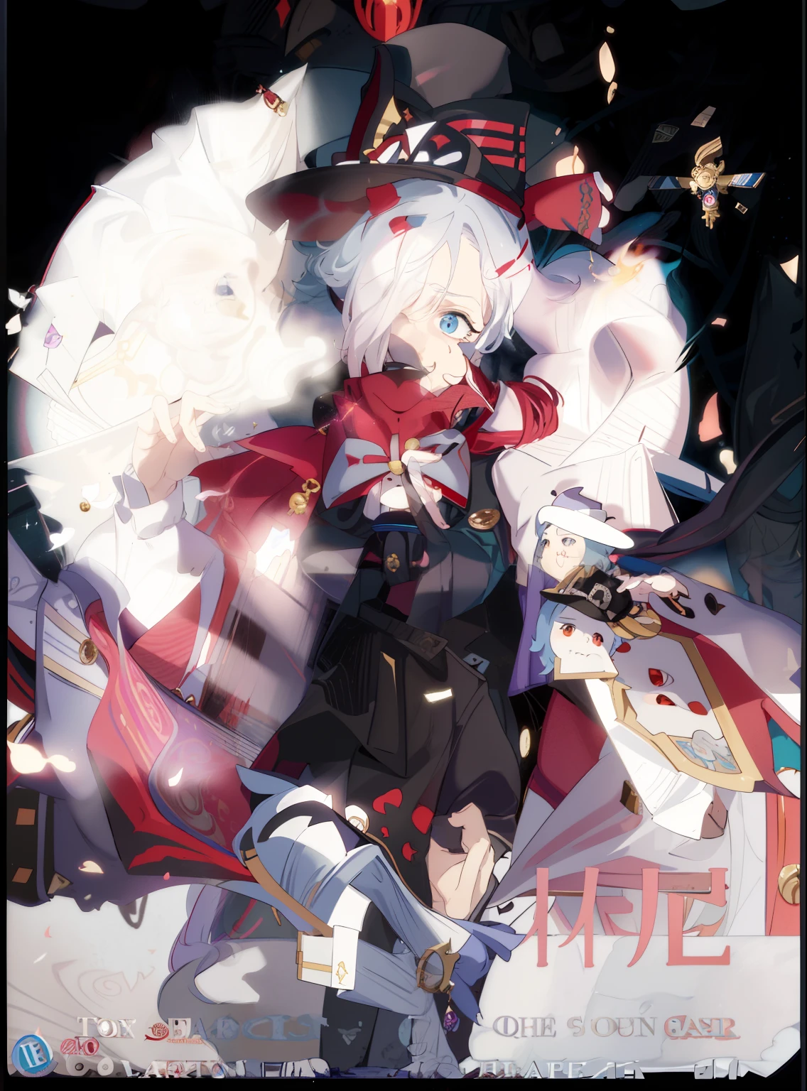 a close up of a person holding a card in their hand, machiavellian puppetmaster, Key anime art, magister,, Kawasi, key anime visuals, swindler, maniac, Genshin, he is wearing a top hat, Keqing from Genshin Impact, anime key visual of elegant
