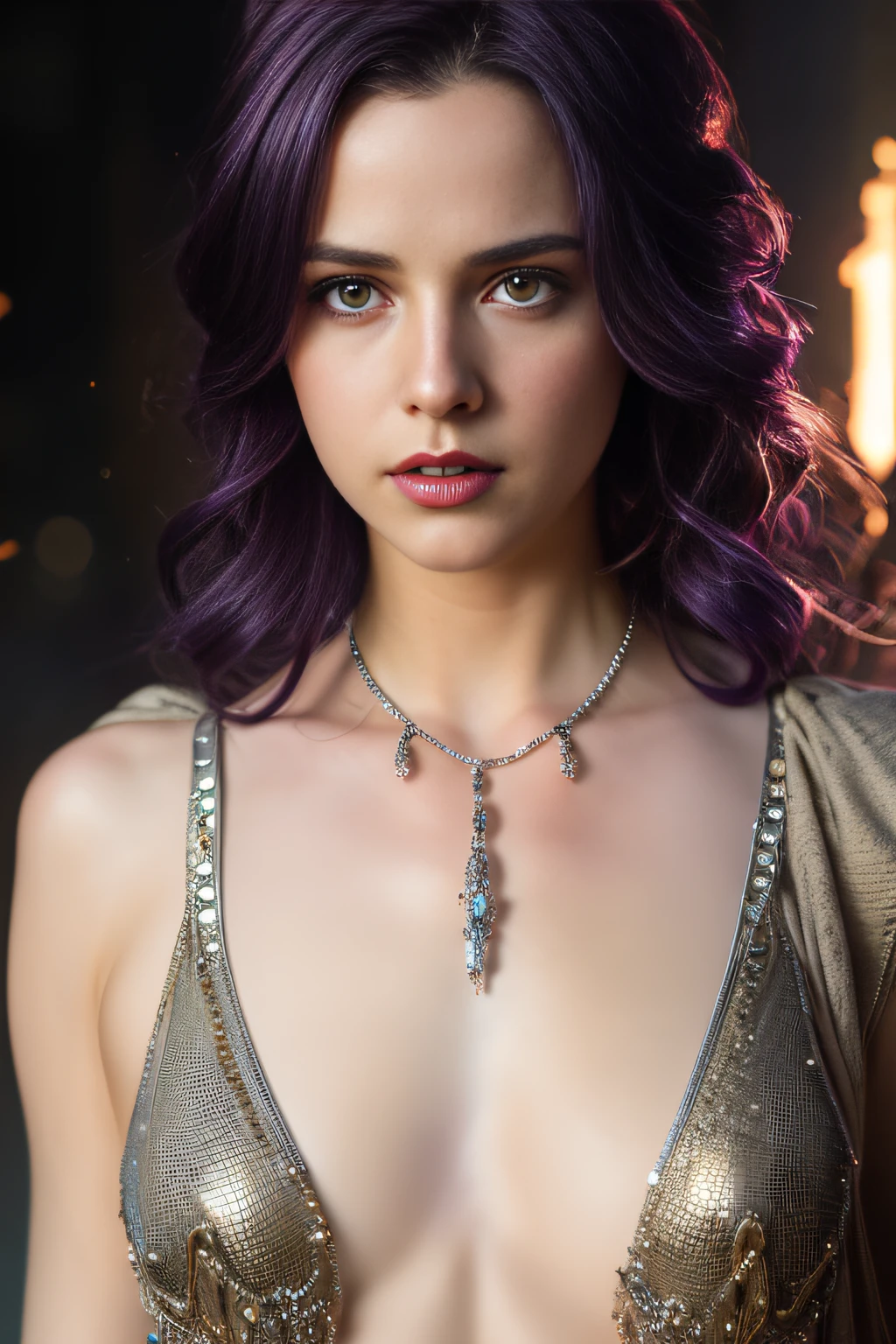 high quality full length portrait,  RAW photo of  naked european woman angel with iridescent wings, small breasts, gothic,  short dark purple hair, natural pale skin texture, jeweled diadem, silver necklace, night, lightning, volcano and mountain background, short depth of field, intricate, elegant, detailed textures, sharp focus, coiled arm band, bracelets, neck chain ultra high pixel detail, cinematic, intricate, cinematic light, concept art, art station, realistic, movie scene, cinematic, high quality, craig mullins and wayne barlowe style, full colors, incredibly detailed, 4k, 8k, erotic, bdsm