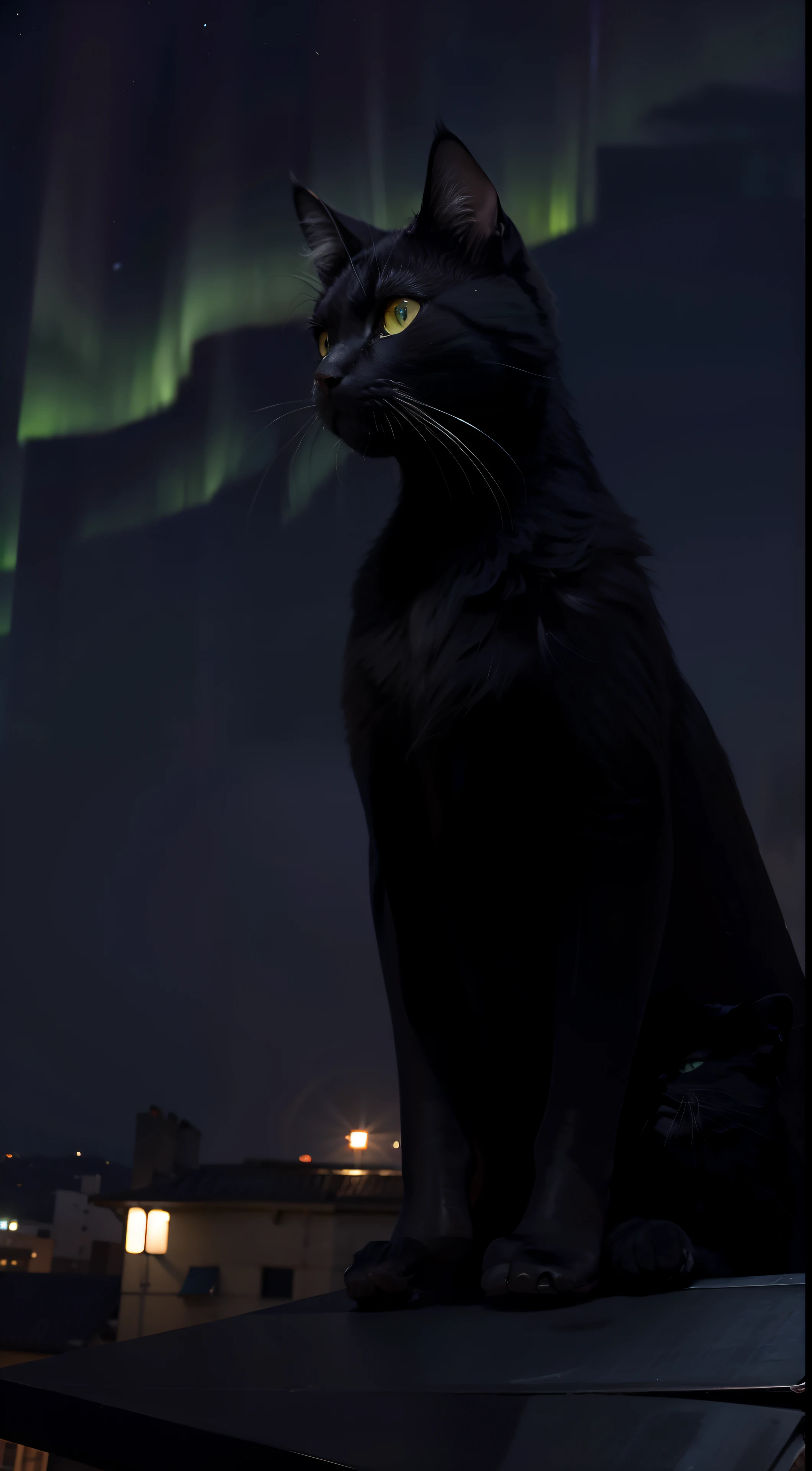 Masterpiece, a black cat,rooftop,night,Aurora sky