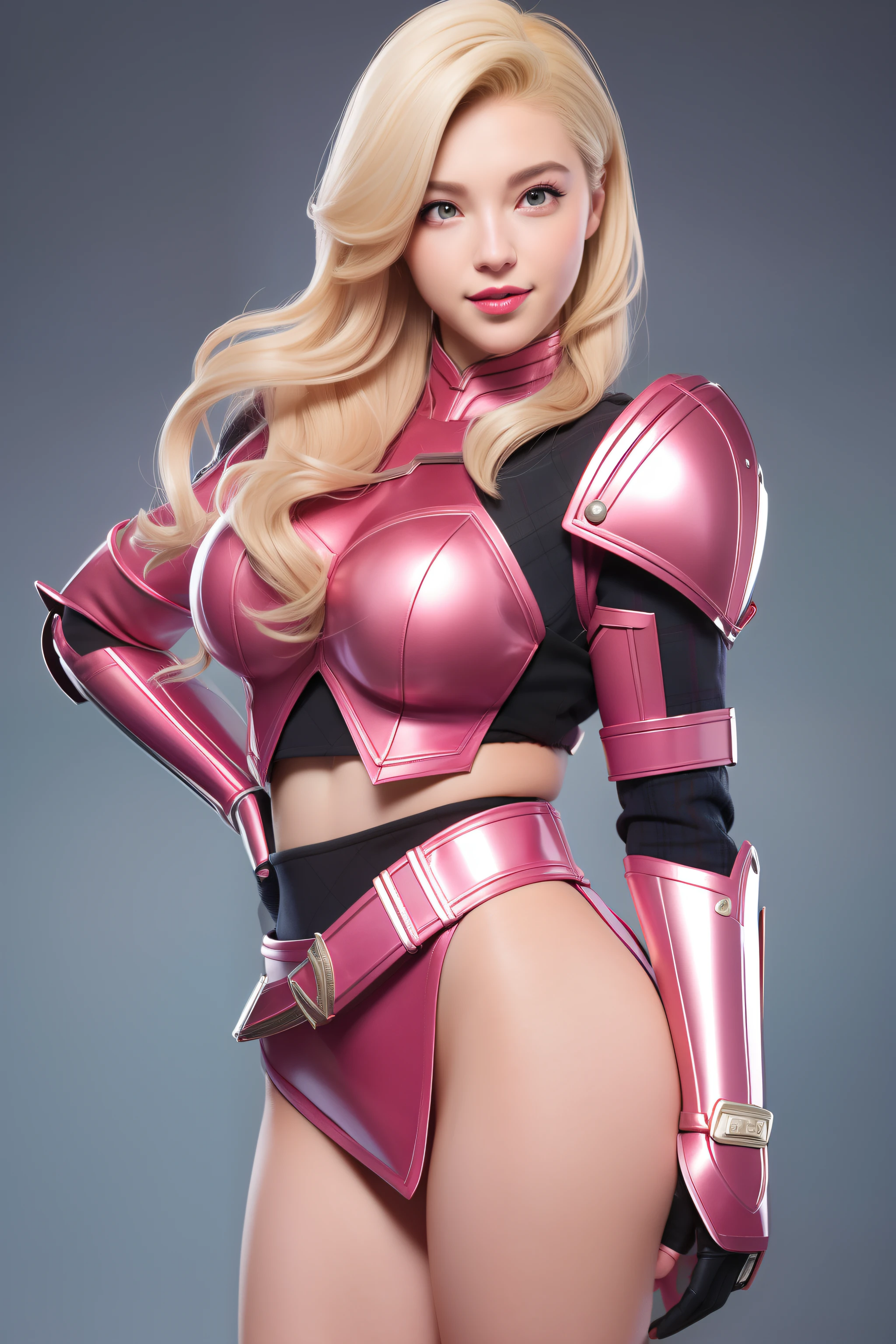 Beautiful Face Woman、a blond、pink back ground、 Beautuful Women、18year old、prety woman、hyper realistic photography、High-definition photos、red lipsticks、Mandalorian Style Metal Armor Skirt Suit、The skin is not very exposed、Do not cut your head off the screen、a miniskirt、Tartan check、pink there