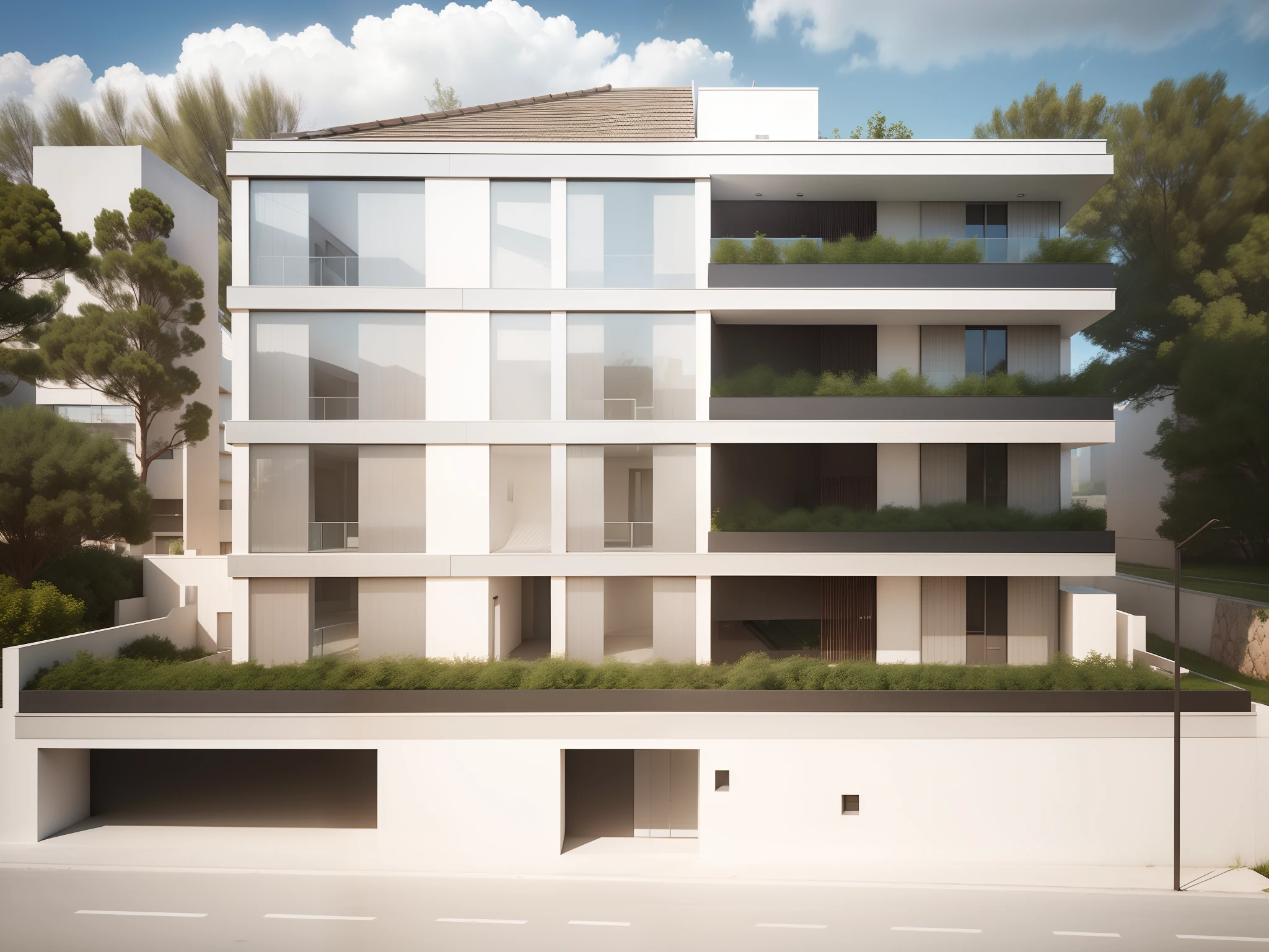 "modern building, design minimalista, glazed façade, High-resolution rendering, folhagens exuberantes, retirar arcos"