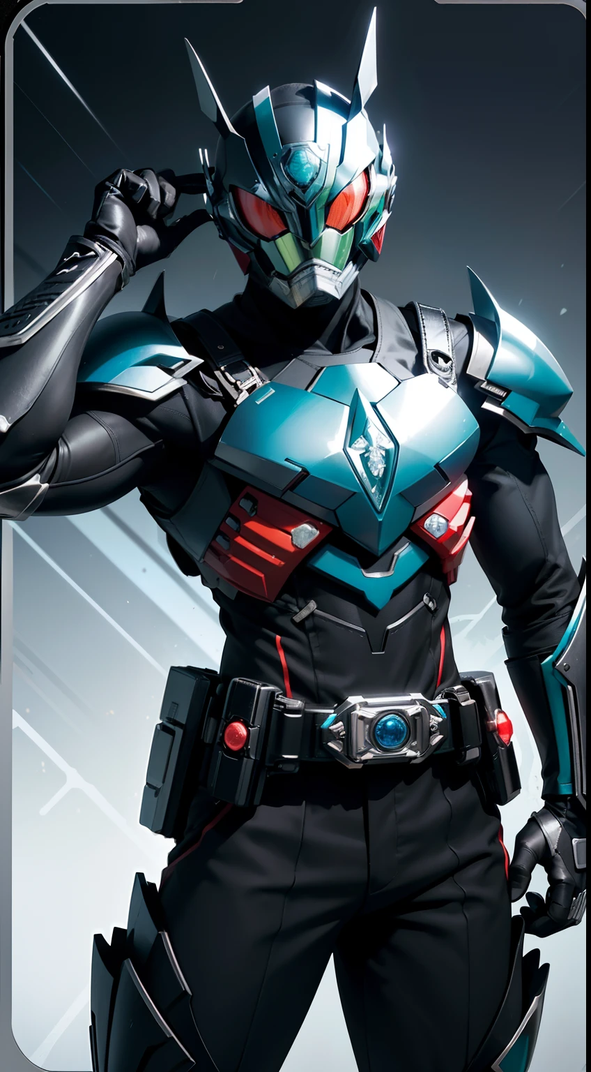 8K、Crisp Contours、soio、cyberpunked、near future、Mechanic Hero、superhero、Hero Suit、tokusatsu hero、Kamen Rider、rifle、Heisei Rider、Reiwa Rider、Transformation Belt、The transformation belt has a card insert.、Kamen Rider transforming with cards、Mechanic helmet、Mechanical Armor、stylish、action、full bodyesbian、From head to toe、Make your transformation belt stand out、Possession of the card holder、Pose holding a card、Large compound eyes、Two tactile sensations、Jagged jaw parts、Full-face helmet、Eyes and belt are shining、Kamen Rider cards scattered in the background、The motif is grasshopper、