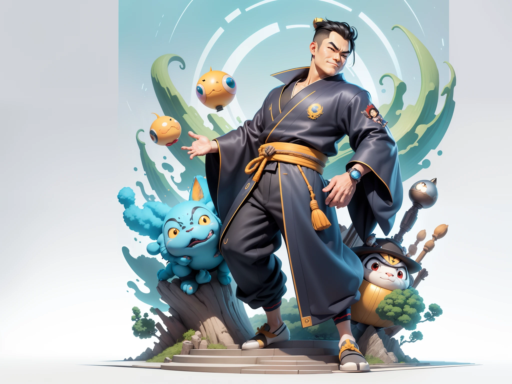 (Masterpiece), (Excellent), (Super Meticulous), (Full Body: 1.2), Super Young Man, Oriental Face, Japanese Kimono, Japanese Wind Thunder God, Dragon, Tiger, TV Anchor, Bust Portrait Illustration, Alone, Black Suit, Blue Tie, Slightly Chubby Face, Very Clean Face, No Beard, Black Super Short Hair, Black Eyes, Confident Smile, 3c Computer Sub-Products, iPad, iPhone, Digital Painting, 3D Character Design by Akira Toriyama and Mark Claireden and Pixar and Hayao Miyazaki, The illustration is a high-definition illustration in 4K resolution with very detailed facial features and cartoon-style visuals.