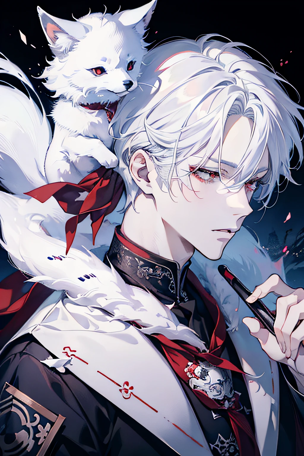 Anime character with white hair and red eyes holding a fox, white - haired fox, Gray-haired, vampire white fox, handsome japanese demon boy, , anime wallaper, Key Anime Art, white hair, official artwork, White fox anime, illustratio,frontage,vTuber material