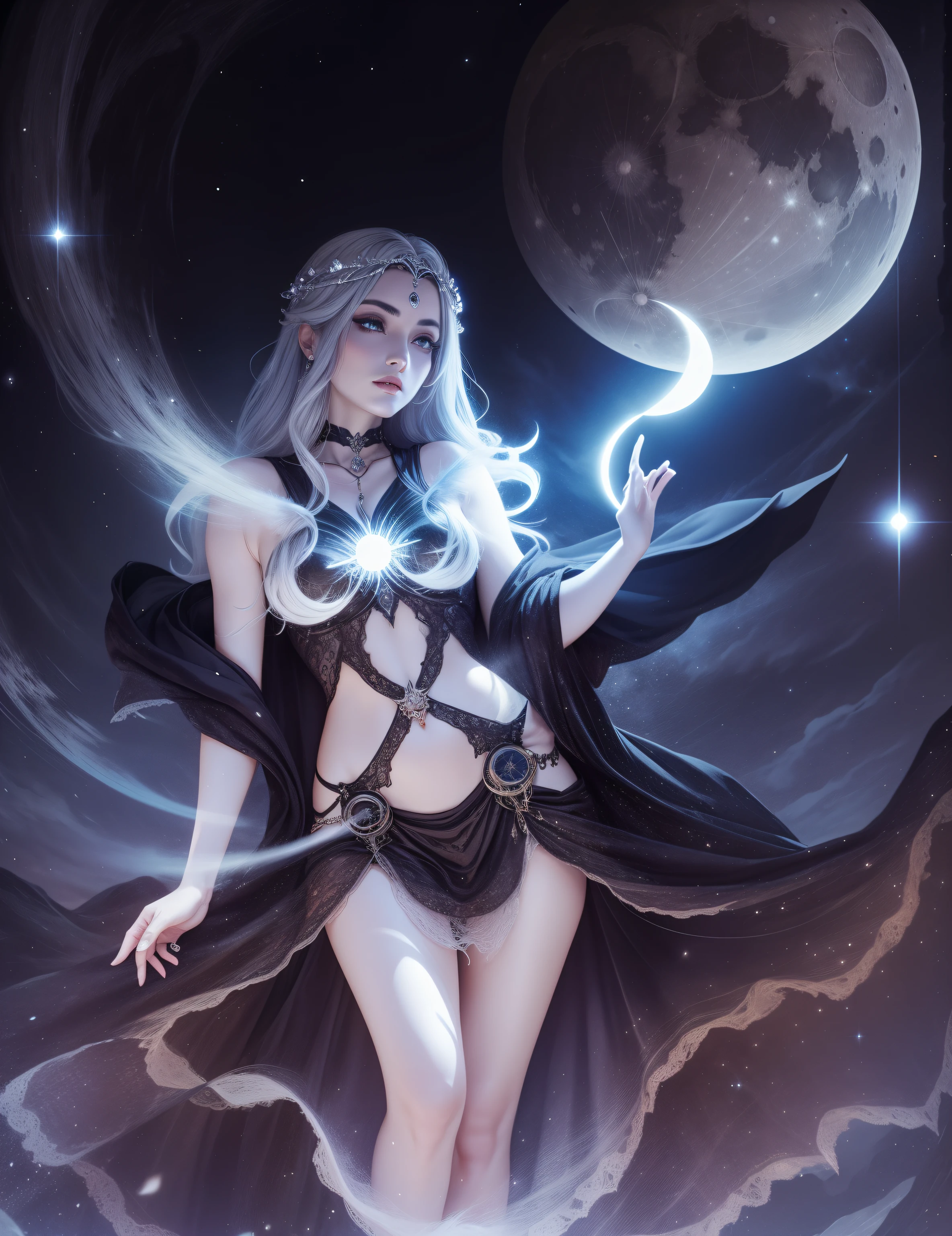 Goddess of the Night 23, dressed in black and silver robes, with flowing gray hair, and looks at the moon with gray eyes