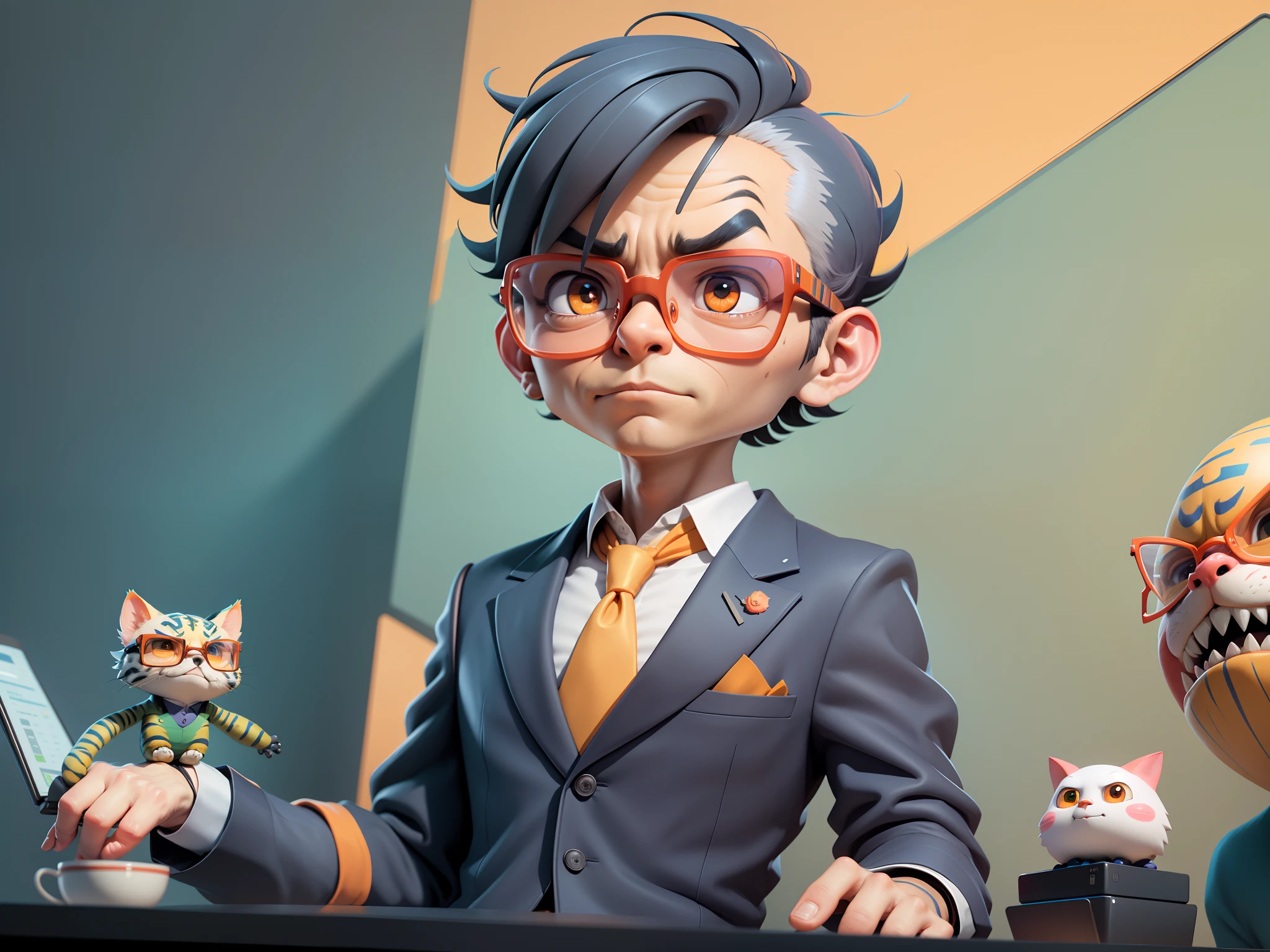 A young man in a suit, Short hair and glasses sat at his desk，holding laptop，digitial painting，tigre，3D character design by Mark Clairen and Pixar and Hayao Miyazaki and Akira Toriyama，4K HD illustration，Very detailed facial features and cartoon-style visuals。