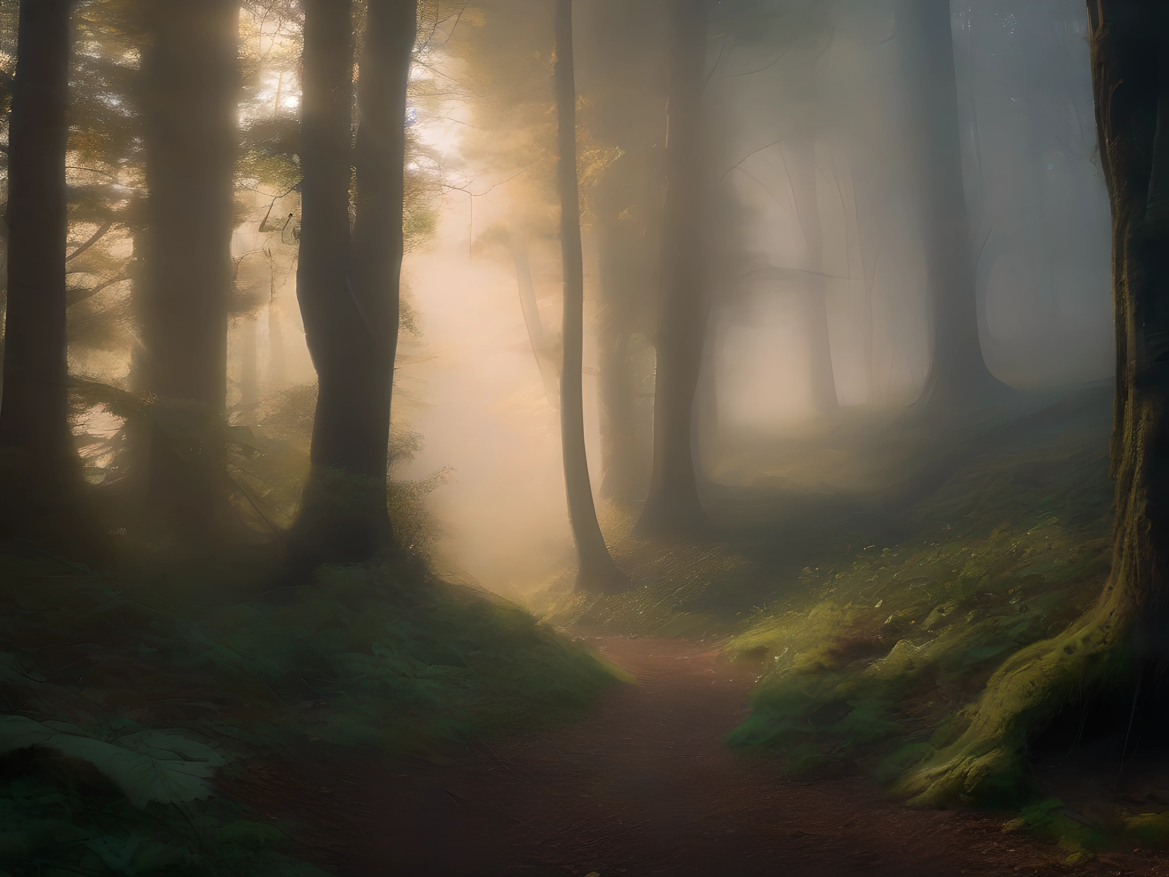 A forest, some elf, misty, dim light