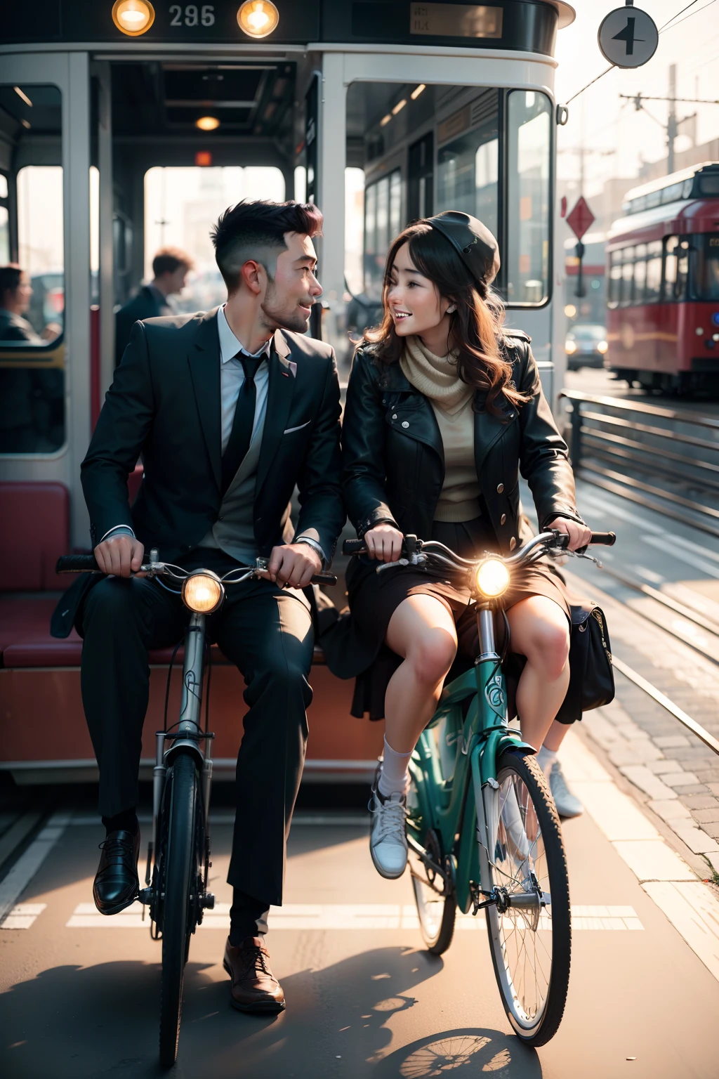 Couples get on a two-wheeled tram