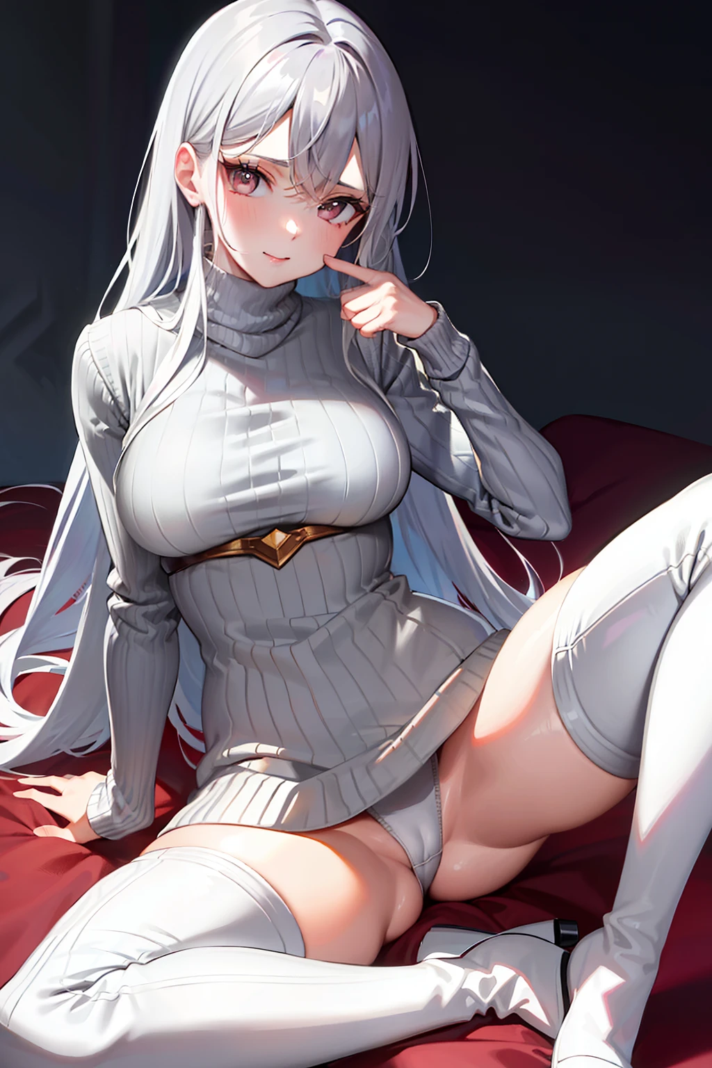 tmasterpiece，best qualtiy，light grey sweater，looking at viewert，thigh boots，whaite hair，lie，full bodyesbian，ridicule，your legs，spread their legs，Absolute realm