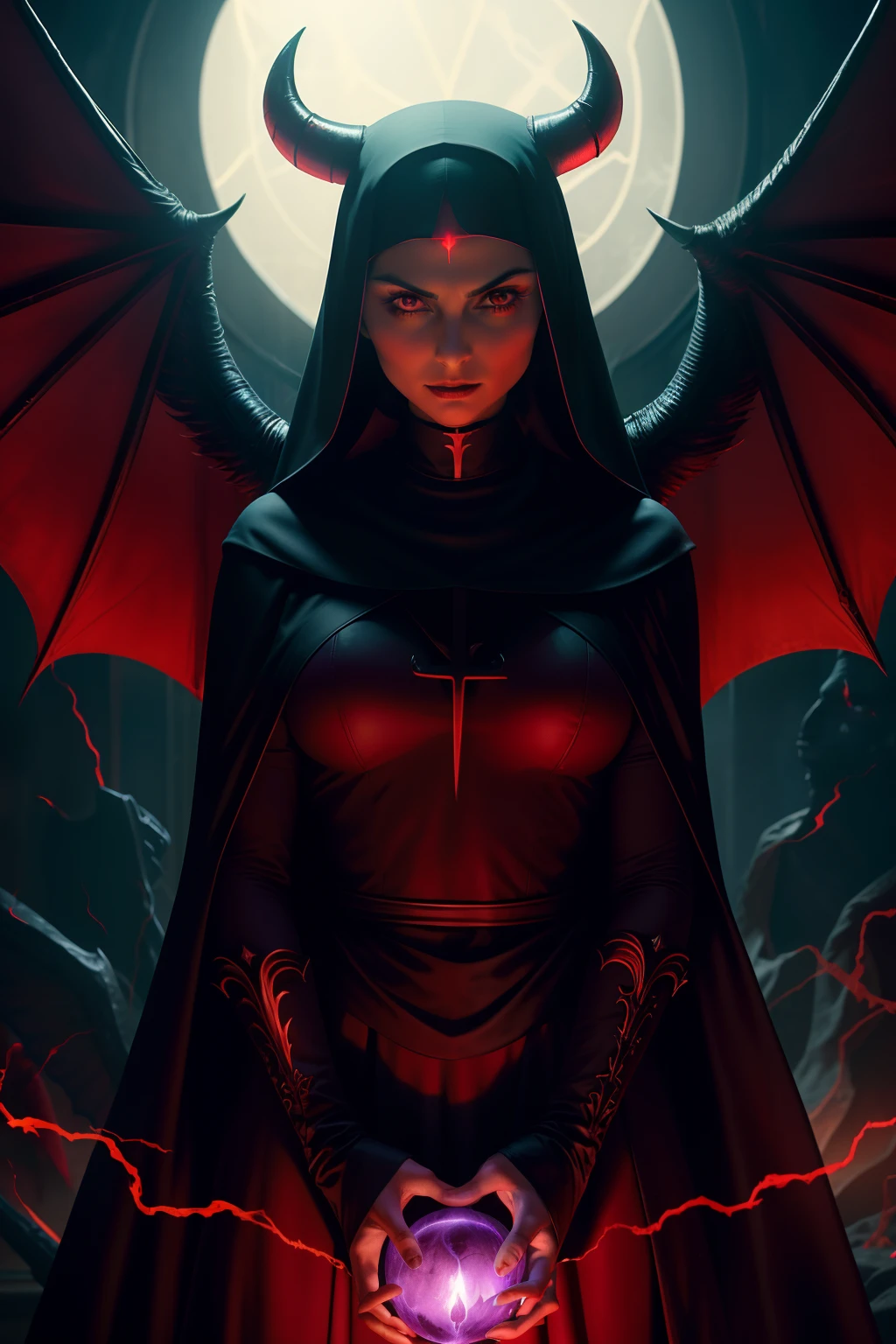 Morena Baccarin : The evil nun, Demon horn, Demon wings on the head , an evil red glow emanating from her, his hands preparing a purple ball of fire, diabolique, insidieux, Context of the Satanic Church