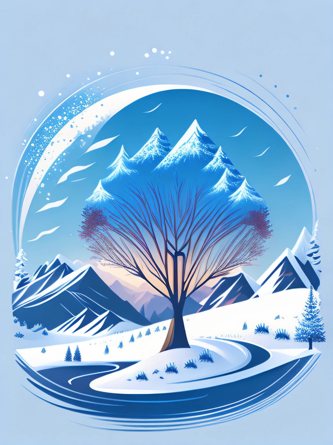 a spruice tree in a winter landscape, tshirt design, rzminjourney, vector-art