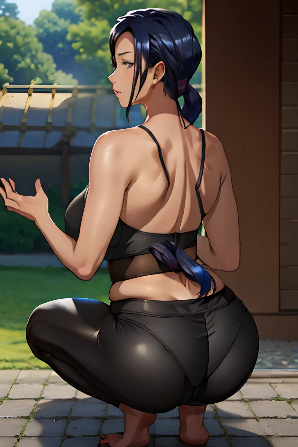 (masutepiece, Side lighting, finely detailed beautiful eye: 1.1), Masterpiece Portrait, Realistic, 3D Face, Glowing eyes, Shiny hair, Lustrous skin, Solo,Full body, Large breasts, without nose, See other locations,((Woven ponytail hair, Blue hair)), Outdoor background, (YOGA Women's Strap Sports Bra, Pink Yoga Tights, Heritage Sahara Earrings), Turning around, From the back, Squatting, (Choppy fringe), Huge ass