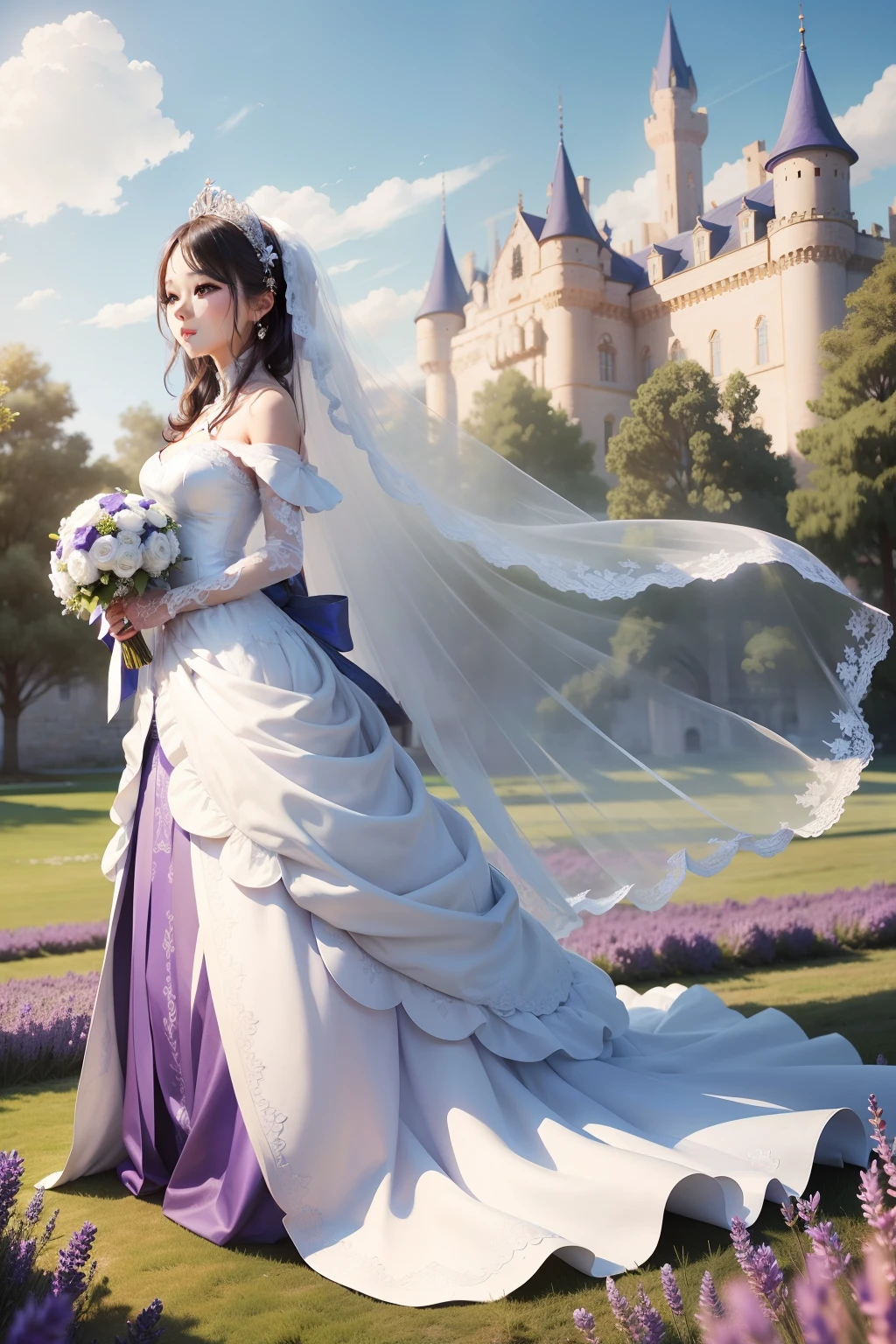 Blue sky background,A magnificent castle stands in a fragrant lavender garden。The wedding bride is beautiful,Amazing。