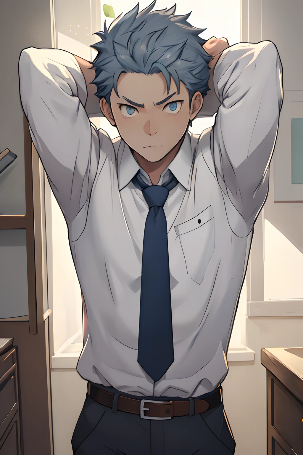 （1 Adult male），A high resolution， Sharp focus， Pixiv masterpiece， （（Complicated details））， highly  detailed， natsuki_subaru， 1 man， Lazy，full bodyesbian，Stretch out， blue color eyes（eyes glowing）， Short yellow hair，white  shirt，Wear a tie，Wear a belt，perspire，look from down