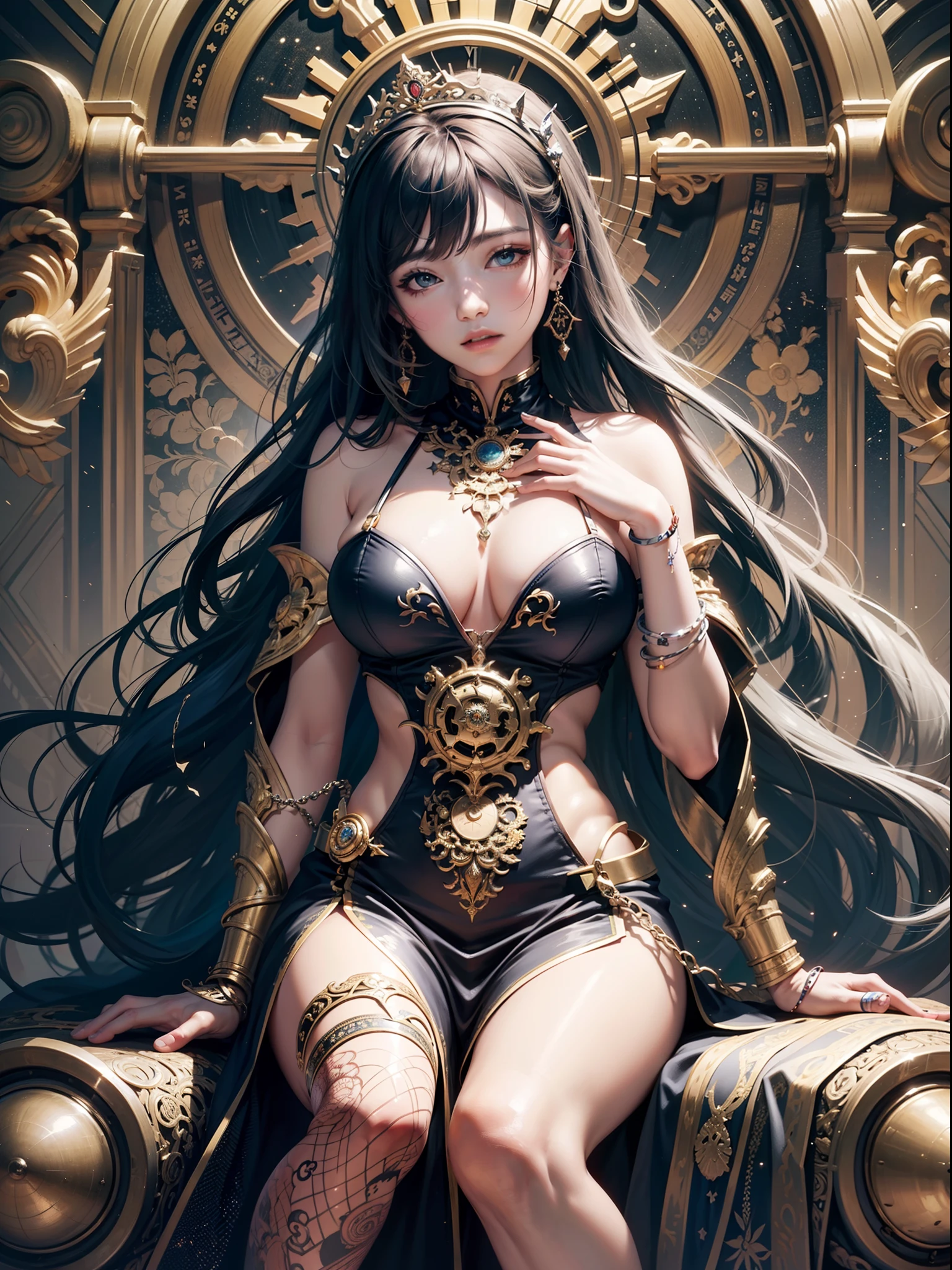 Official art、unity 8k wall paper、ultra-detailliert、Beautifully Aesthetic、masterpiece、top-quality、sitting in a throne、Huge clock behind、(Zentangle、a Mandala、Tangles)、(Fractal Art:1.3)、girl with1a person、ighly detailed、Dynamic angles、Cowboy Shots、The most beautiful forms chaos、elegent、Brutalist design、Vibrant colors、romantism、mystic atmosphere、ecstasy musical notes、Streaming music notes are visible