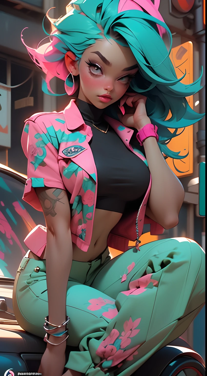 ((Best Quality)), ((Masterpiece)), ((Realistic)) and ultra-detailed photography of a 1nerdy girl with goth and neon colors. She has ((turquoise hair)), wears a pink blazers and exudes a vibe ((beautiful and aesthetic)), sexy, underboobs, hot, sitting on top of car cap